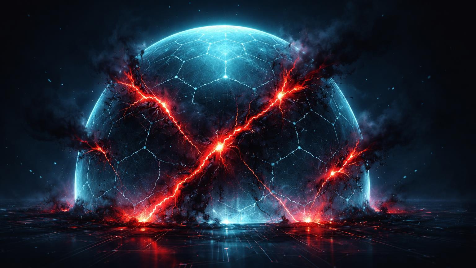 Cúpula digital hexagonal translúcida com rachaduras vermelhas vazando escuridão, simbolizando scams no XRPL e vazamento Pix