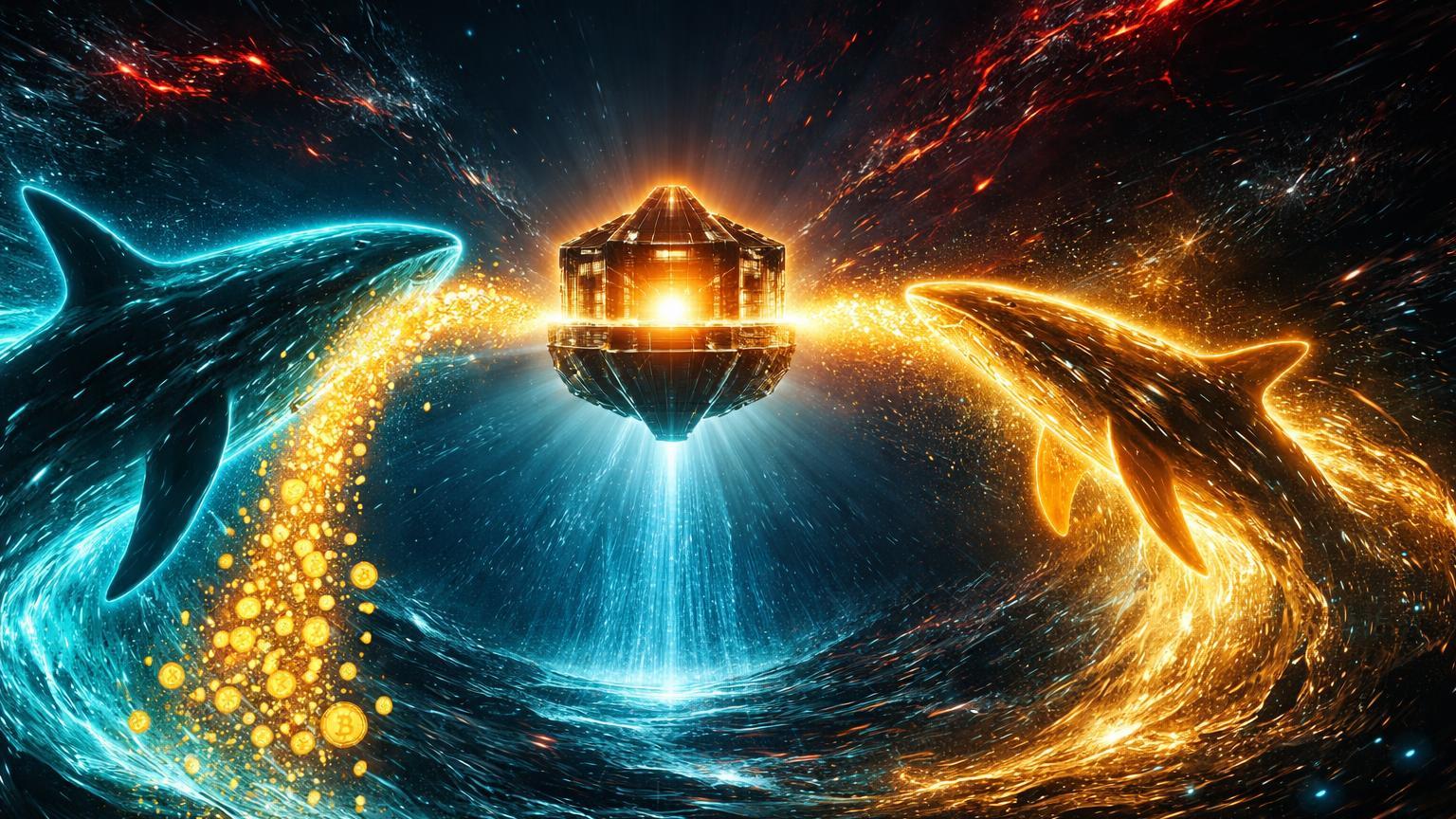 Silhuetas de baleias cibernéticas depositando e retirando fluxos dourados BTC de fortaleza exchange, sinalizando volatilidade por movimentos de baleias OG