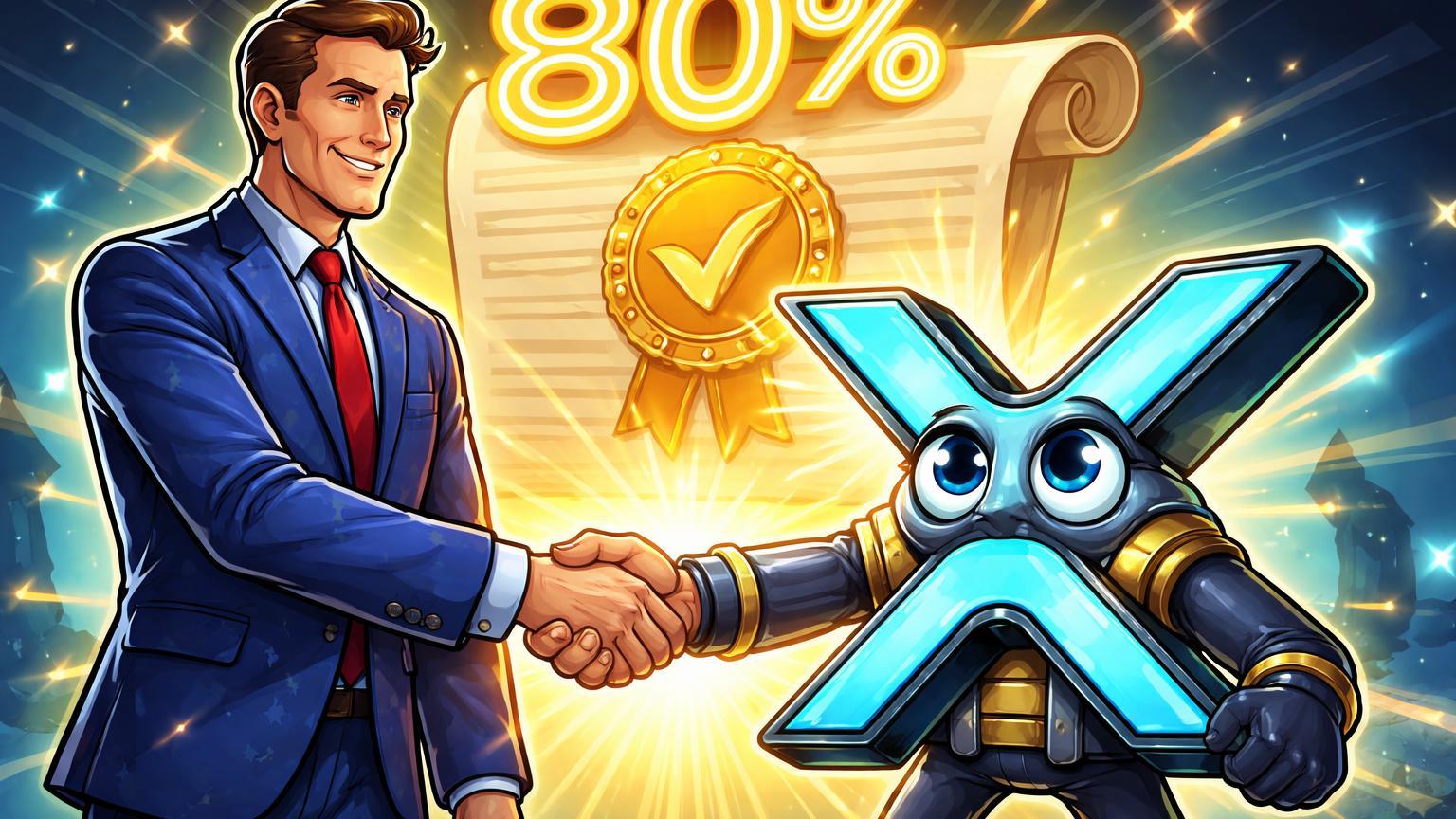 Personagens cartoon de regulador americano e XRP antropomorfizado apertando mãos com '80%' neon flutuando, simbolizando otimismo para aprovação do CLARITY Act