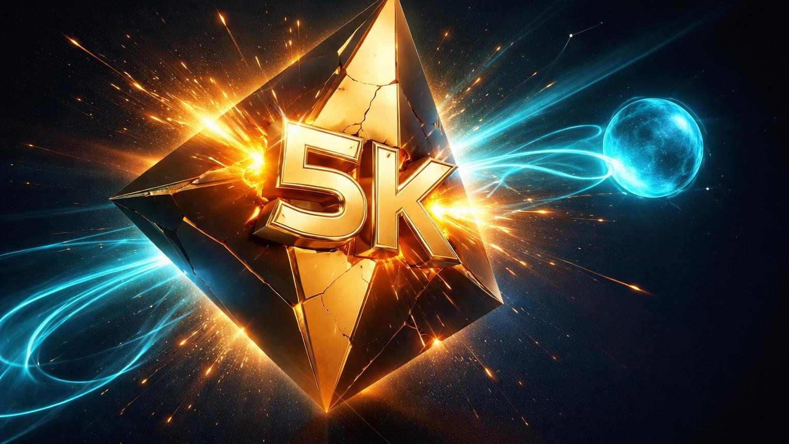 Forma geométrica dourada comprimida rachando com '5K' brilhante, conectada a esfera cyan simbolizando expansão do ouro e hedge Bitcoin