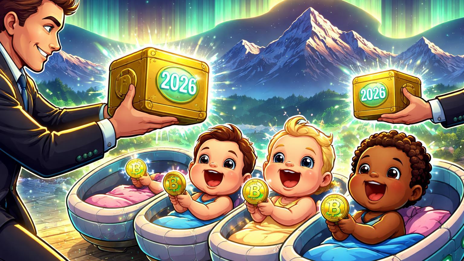 Bebês cartoon felizes recebendo cofres dourados com selo 2026 de executivo tech, simbolizando patrocínio Kraken para adoção cripto no Wyoming