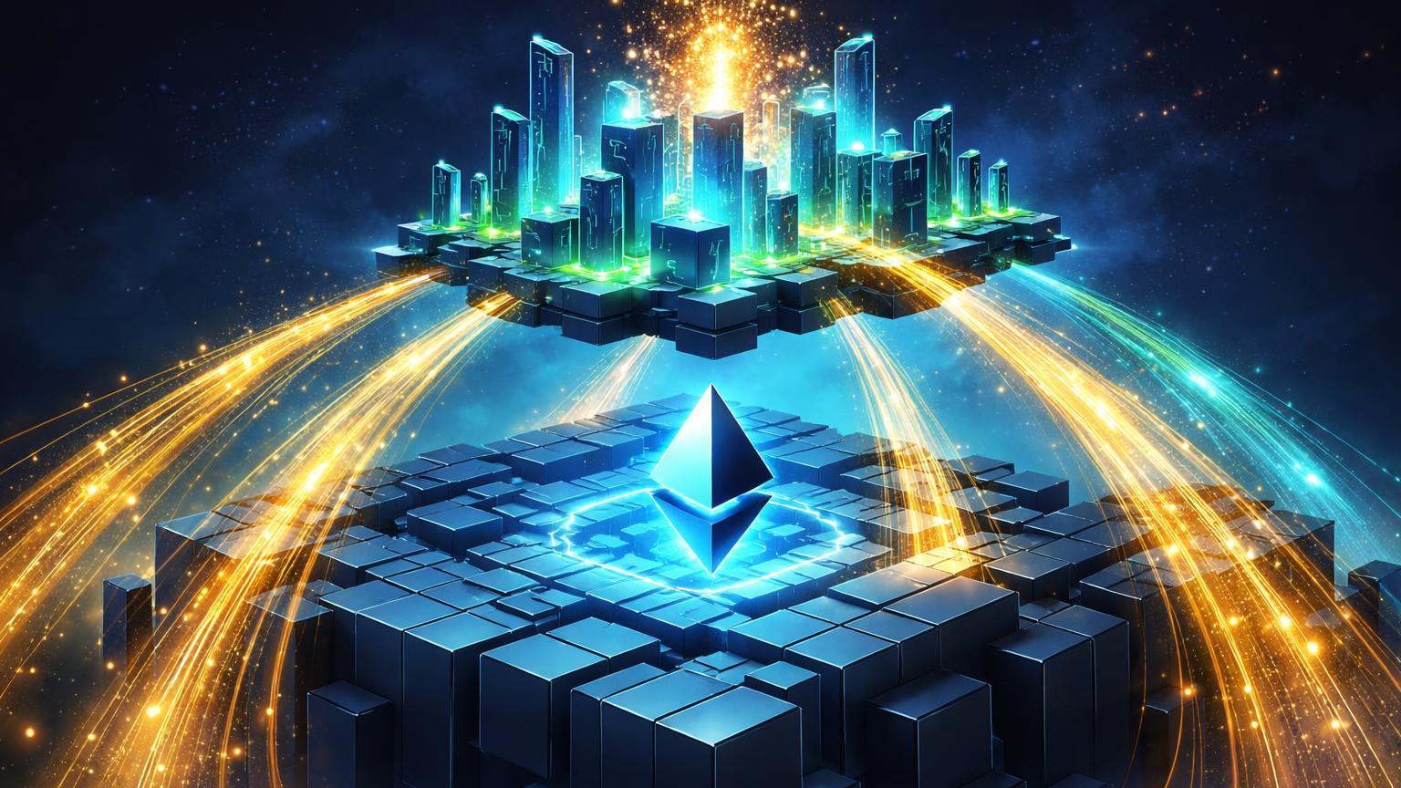 Estruturas isométricas de Polygon sobre Ethereum com fluxos dourados de liquidez migrando para Layer 2, simbolizando domínio em fees e boom de apostas