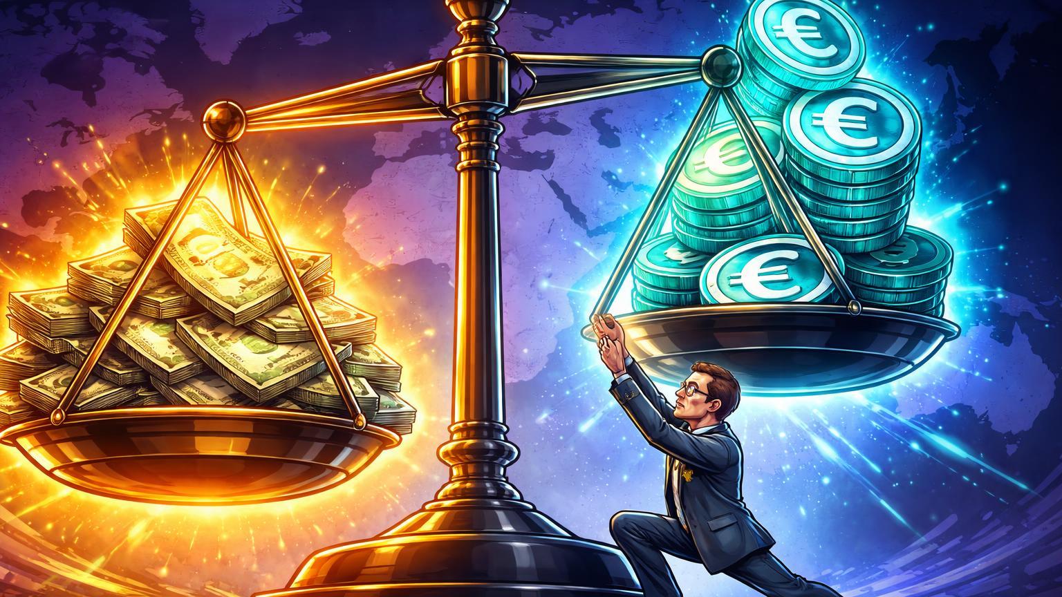 Balança cartoon com pilha de dólares pesados vs stablecoins euro luminosos elevados por banqueiro europeu, simbolizando defesa alemã contra domínio do dólar