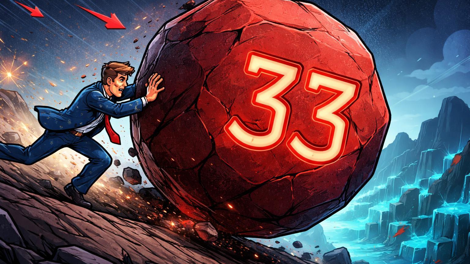 Investidor cartoon americano empurrando rocha vermelha com 33 gravado rolando sobre vale cripto, ilustrando recorde de premium negativo no Coinbase