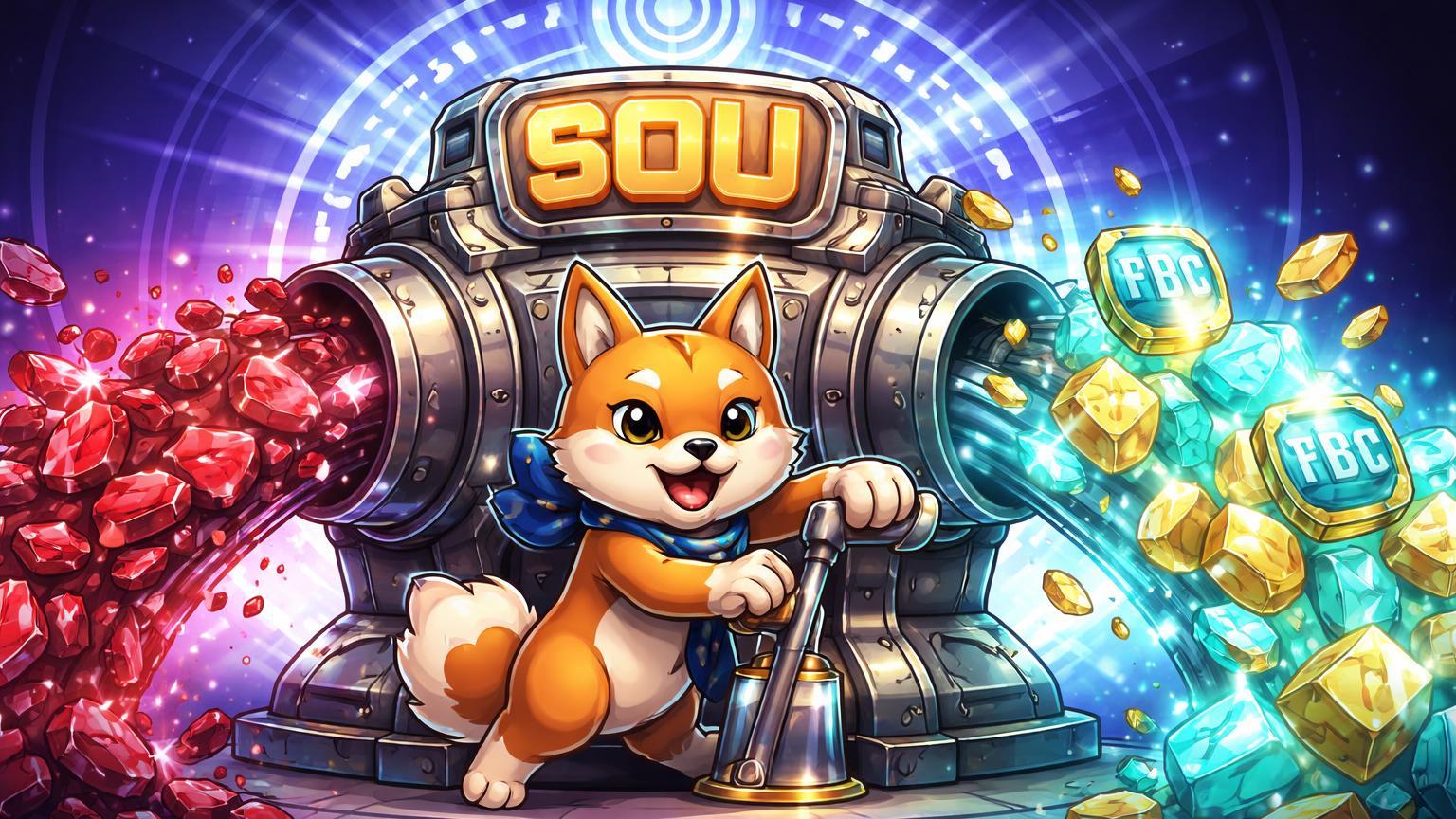 Shiba Inu cartoon operando máquina SOU transformando fragmentos hackeados em NFTs brilhantes, simbolizando recuperação de fundos no Shibarium
