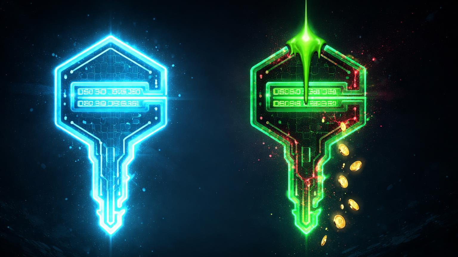 Duas chaves de carteira digitais idênticas, uma pura em cyan e outra corrompida por veneno verde-vermelho, simbolizando ataque de address poisoning em USDT