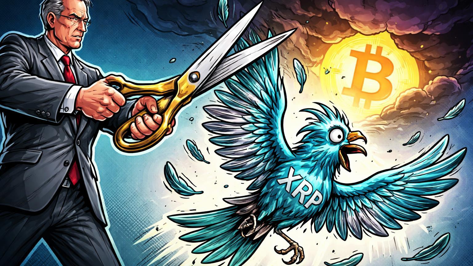Banqueiro cartoon cortando asas de ave XRP com tesoura gigante sob nuvem escura sobre Bitcoin, ilustrando viés de baixa do Standard Chartered