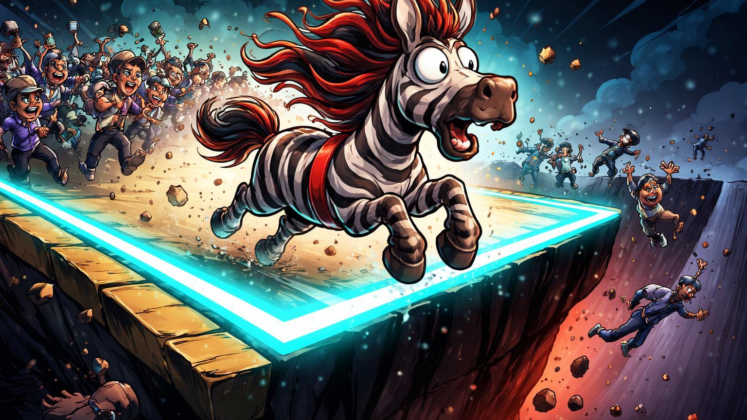 Cavalo meme cartoon com traços zebra despencando em precipício seguido por traders em pânico, satirizando crash de memecoins do Ano do Cavalo