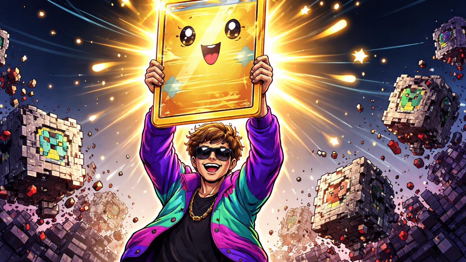 Influencer cartoon erguendo carta Pokémon gigante triunfante sobre NFTs pixelados desintegrando, ironizando sucesso de colecionáveis físicos vs fracasso digital