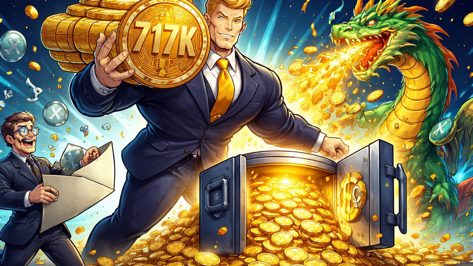 Personagens cartoon de institucionais como gigante acumulando 717K BTC em cofre, dragão funding e banqueiro com ETFs XRP/LTC, simbolizando dominação no cripto