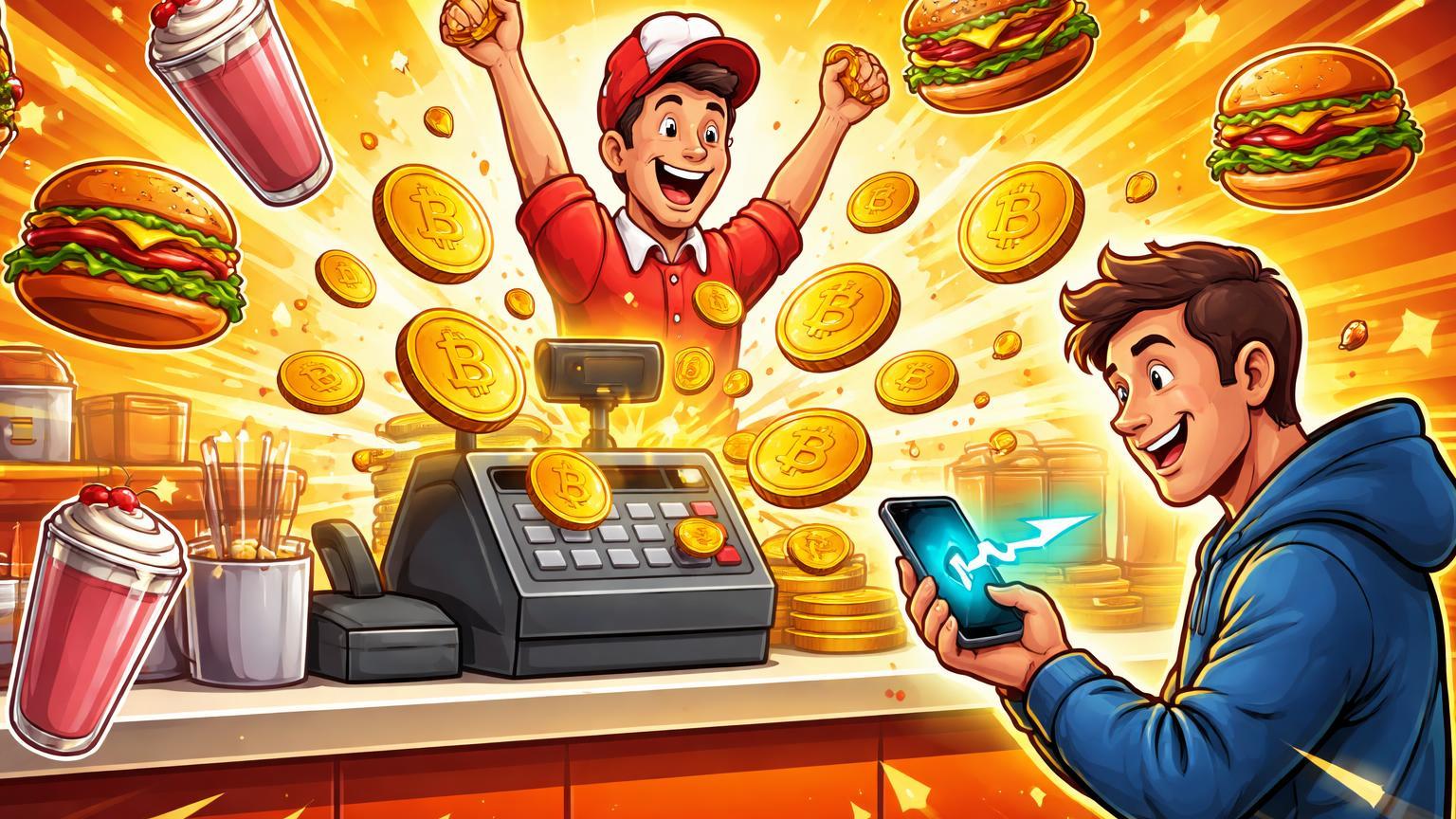 Personagens cartoon em balcão de fast-food celebrando moedas Bitcoin explodindo da caixa via Lightning, ilustrando alta nas vendas da Steak 'n Shake