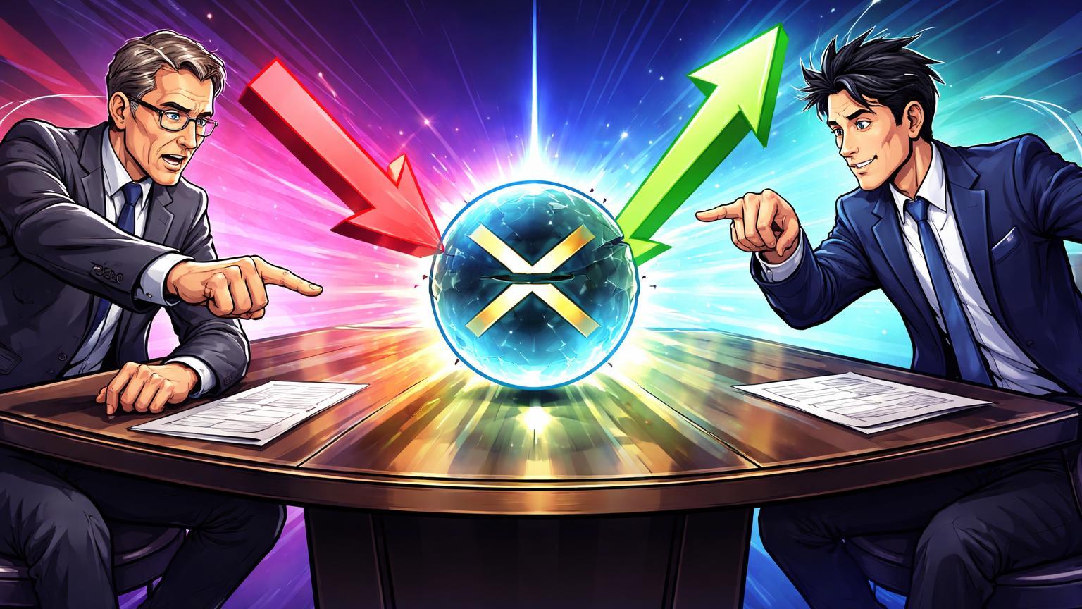 Executivos cartoon de Standard Chartered e SBI debatendo sobre orbe XRP rachado por setas opostas, simbolizando conflito de previsões de preço