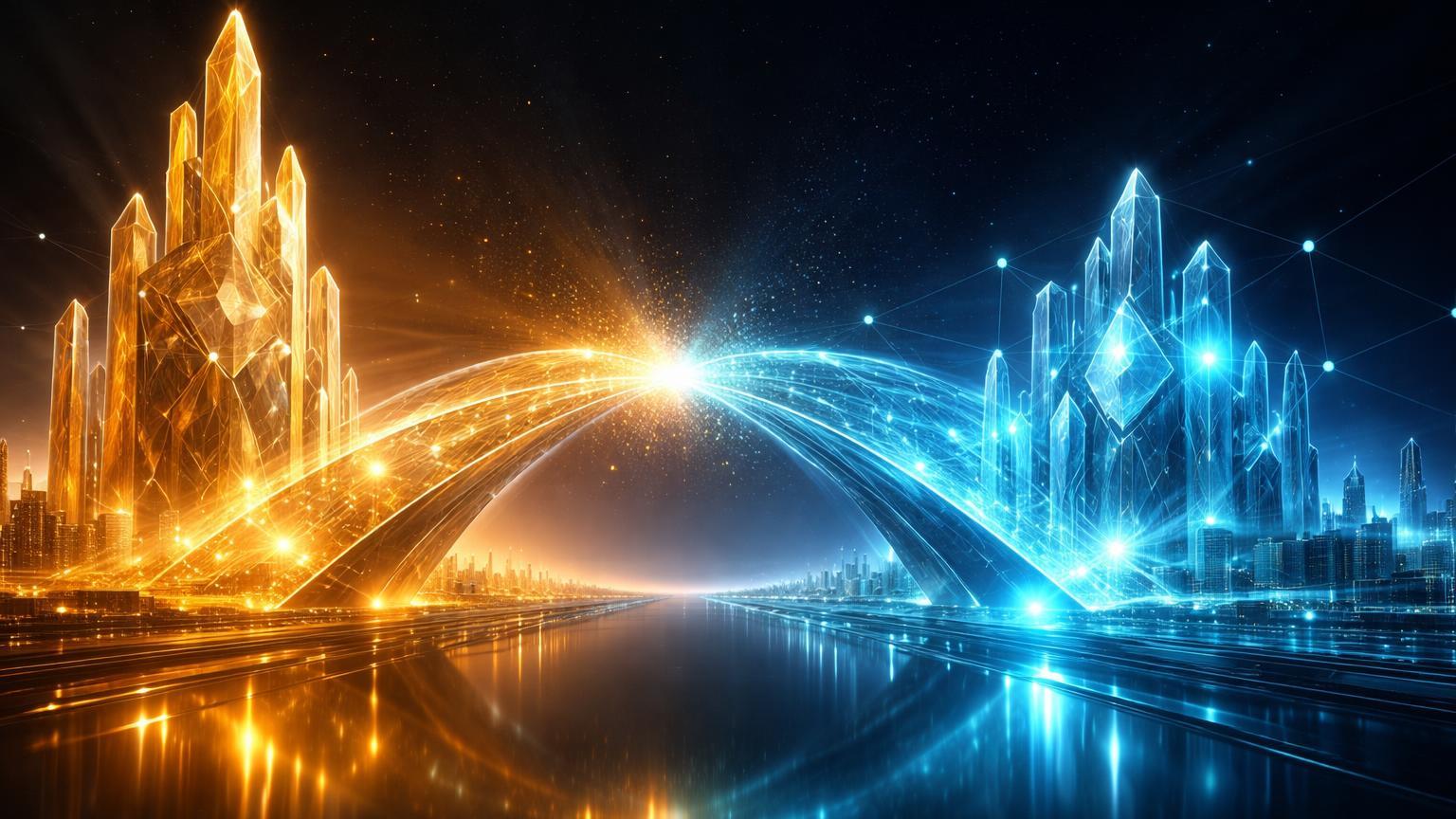 Ponte de energia dourada e cyan ligando torre institucional de ouro tokenizado a hub XRPL cristalino, simbolizando DEX permissionada e influxo de RWAs