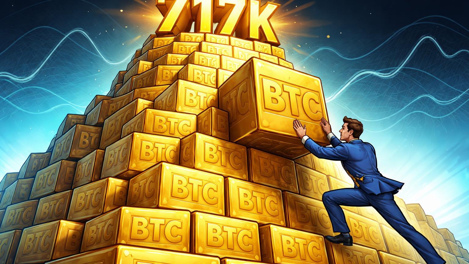 Executivo cartoon empilhando bloco BTC em tesouraria colossal com 717K no topo, simbolizando resiliência da Strategy em acumular Bitcoin