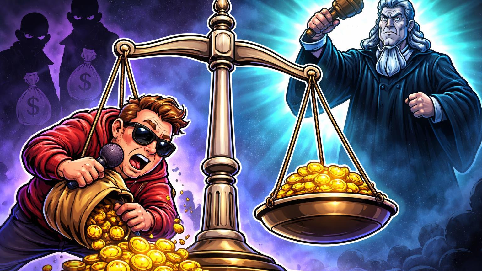 Balança da justiça com influenciador cartoon despejando moedas para juiz, sombras de scammers ao fundo, alertando riscos de scams no cripto