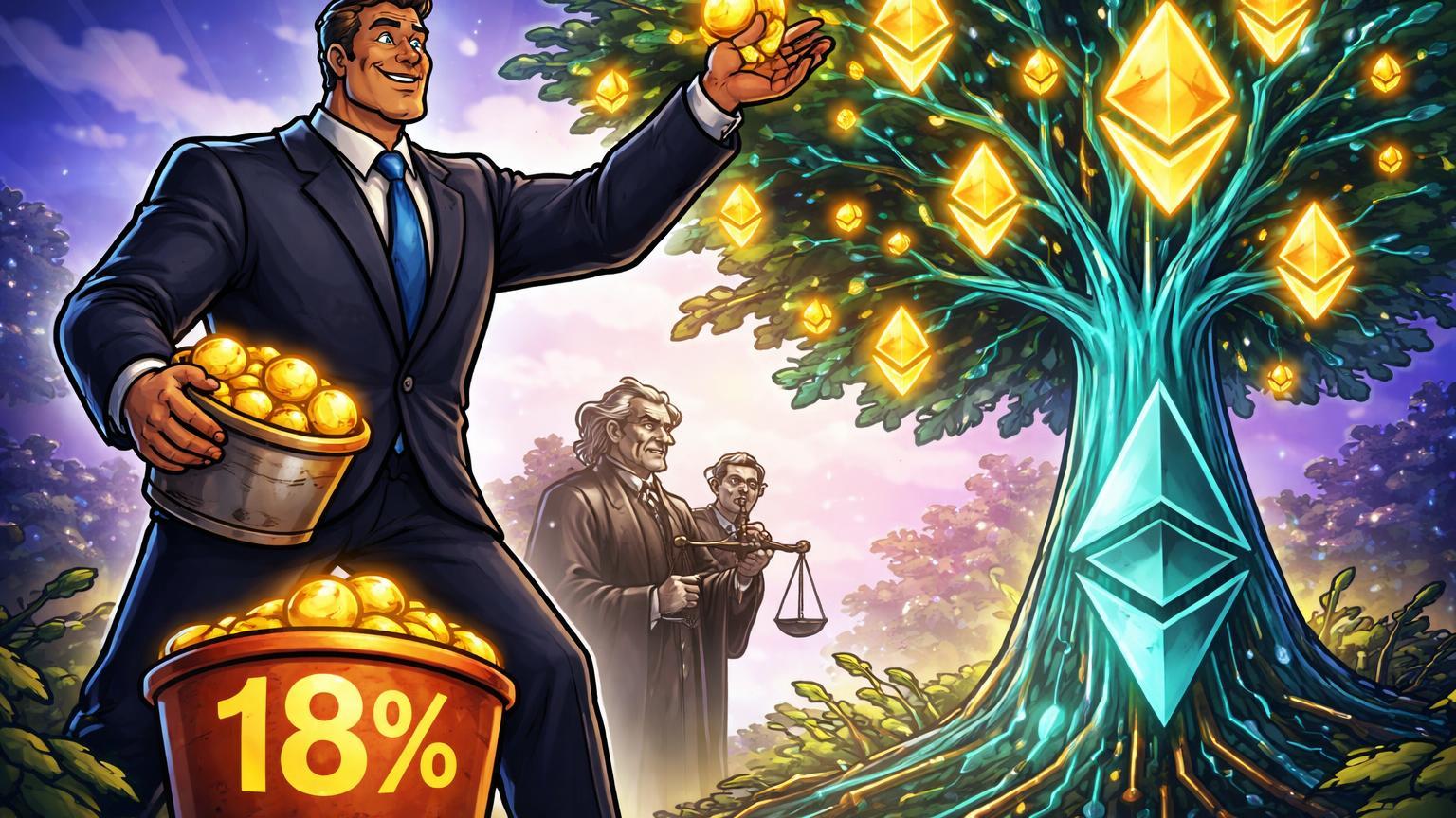 Gigante corporativo cartoon colhendo frutos dourados de árvore Ethereum staked, separando 18% das recompensas sob vigilância da SEC