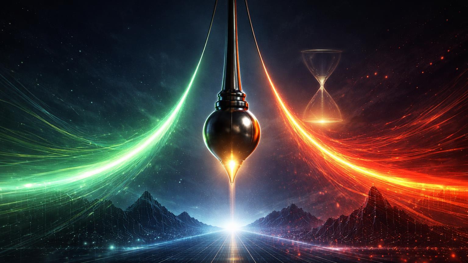 Pêndulo no ápice da oscilação entre luzes verde e vermelha sobre horizonte digital, simbolizando expectativa dos minutos FOMC no mercado cripto