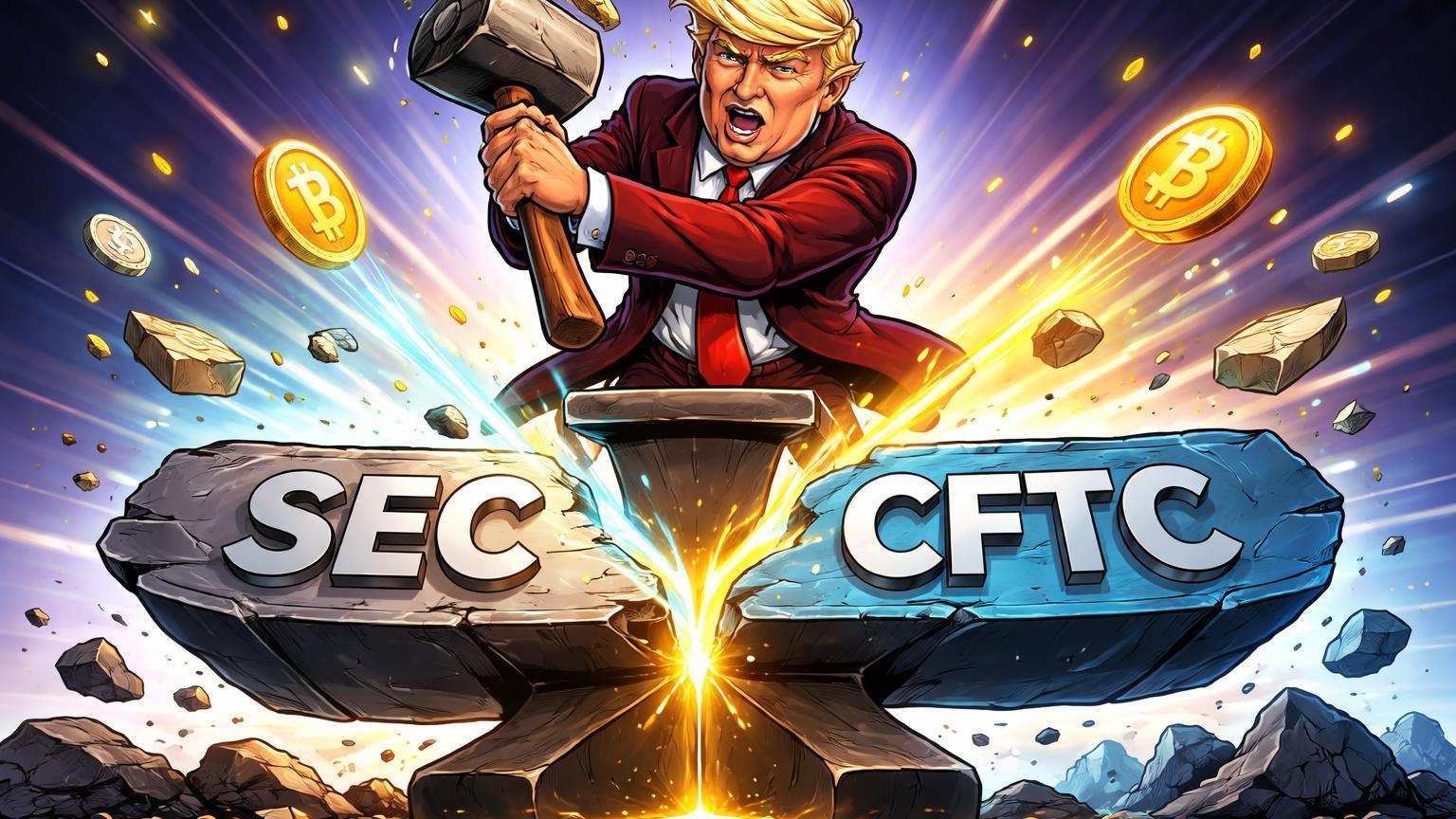 Personagem Trump cartoon batendo martelo para dividir placa SEC/CFTC, liberando luz cyan para Bitcoin, sinalizando nova lei regulatória