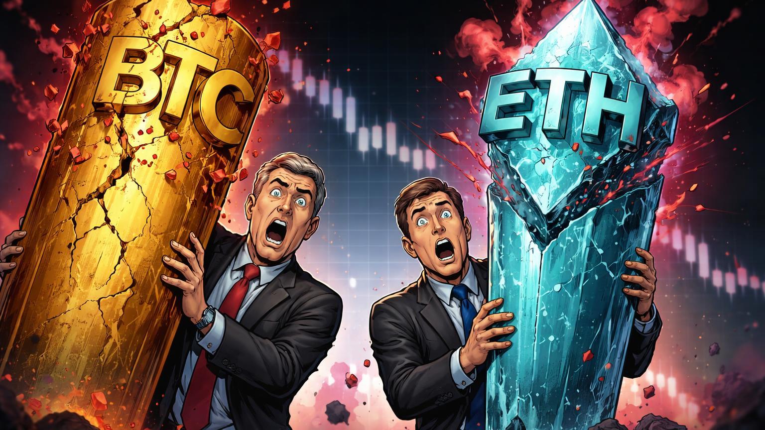 Executivos cartoon chocados segurando pilares BTC e ETH rachando em partículas vermelhas, simbolizando prejuízos bilionários em tesouraria cripto