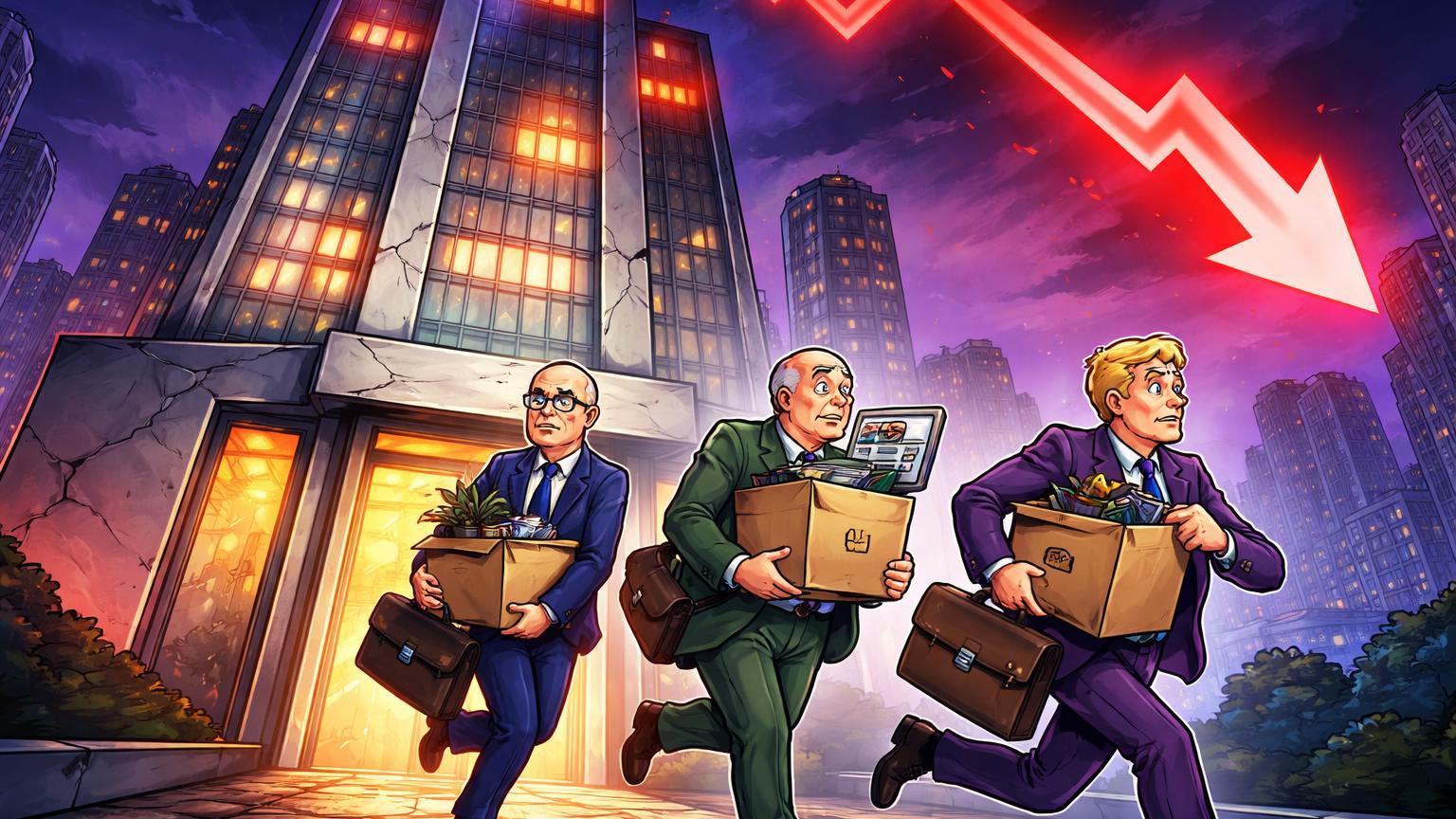 Executivos cartoon saindo com caixas de arranha-céu de exchange rachado e seta vermelha descendente, ilustrando crise na Gemini pós-IPO