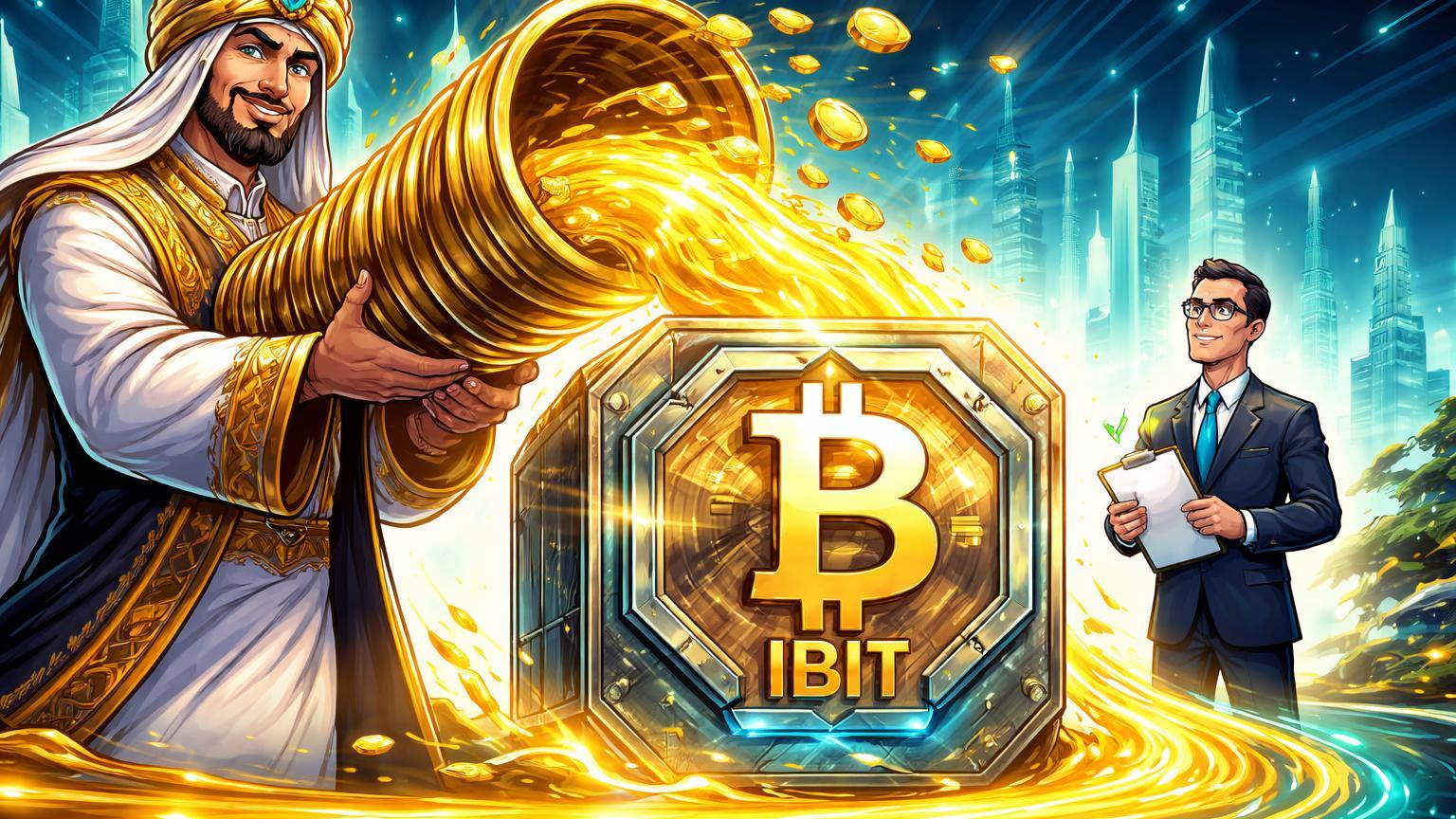 Personagem soberano de Abu Dhabi cartoon despejando ouro em cofre ETF Bitcoin com executivo BlackRock, simbolizando investimento de US$ 630 milhões