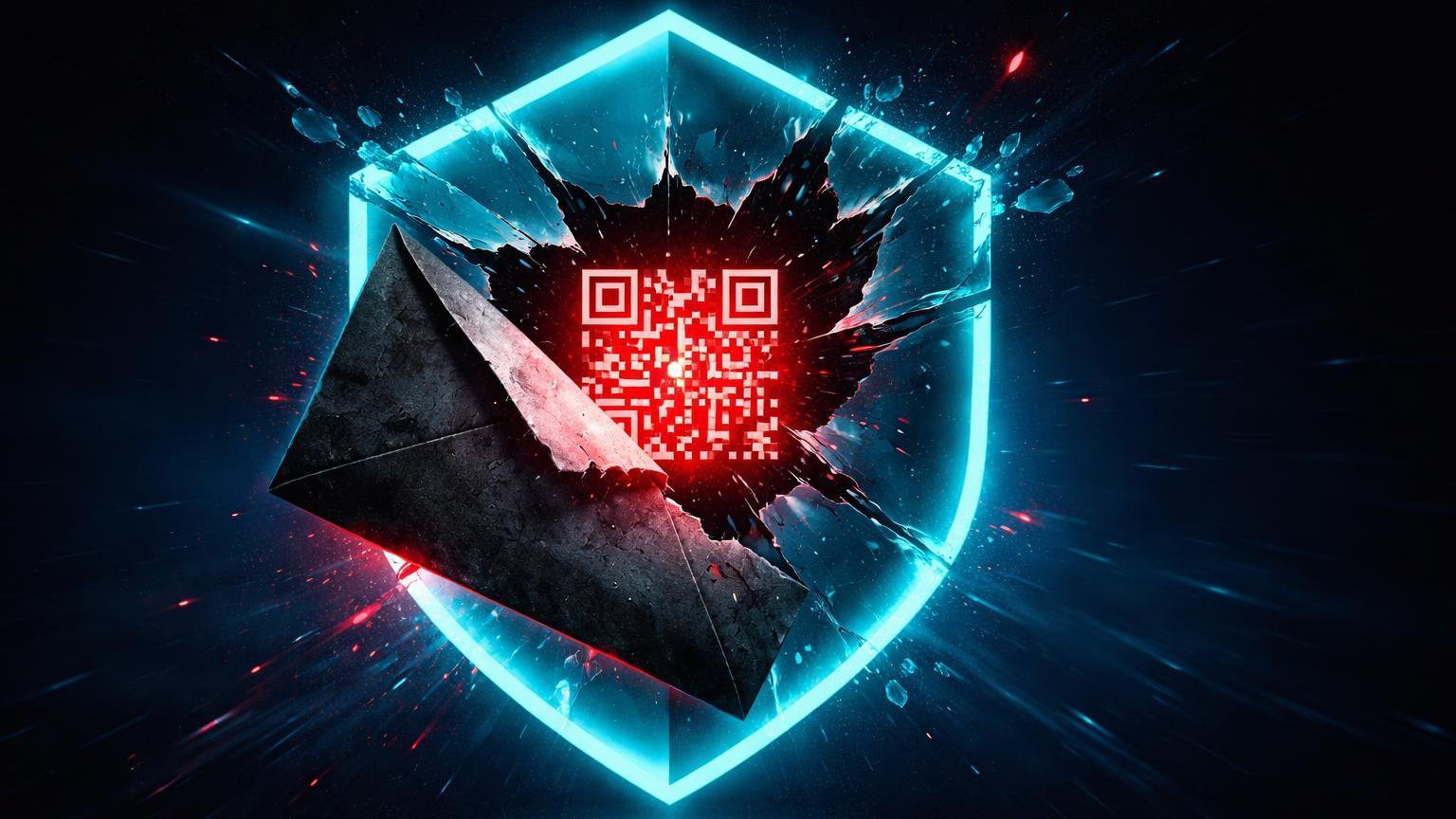 Carteira hardware estilizada perfurada por carta sombria revelando QR code vermelho maligno, alertando sobre phishing físico em Ledger e Trezor