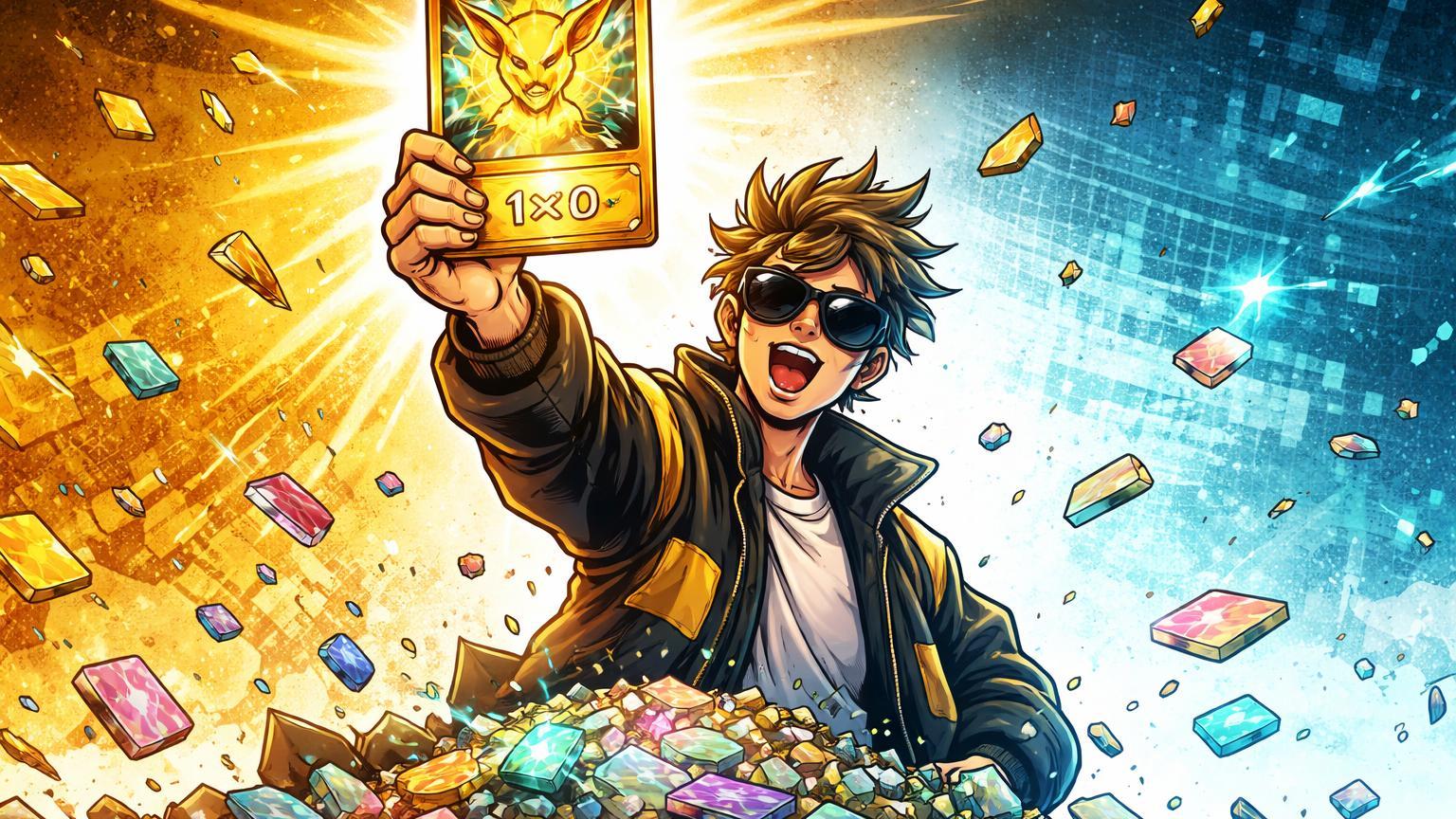 Influencer cartoon erguendo carta colecionável amarela vitoriosa sobre NFTs fragmentados, ironizando valor tangível superando euforia digital de Logan Paul