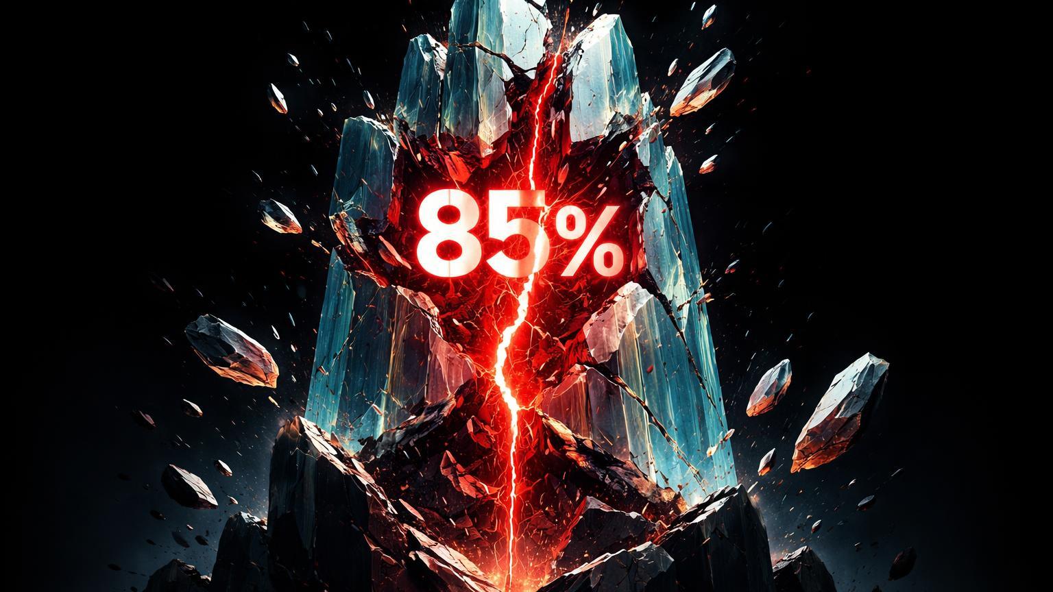 Torre cristalina rachando com '85%' nas fendas vermelhas, simbolizando perda de valor em 85% dos tokens lançados em 2025