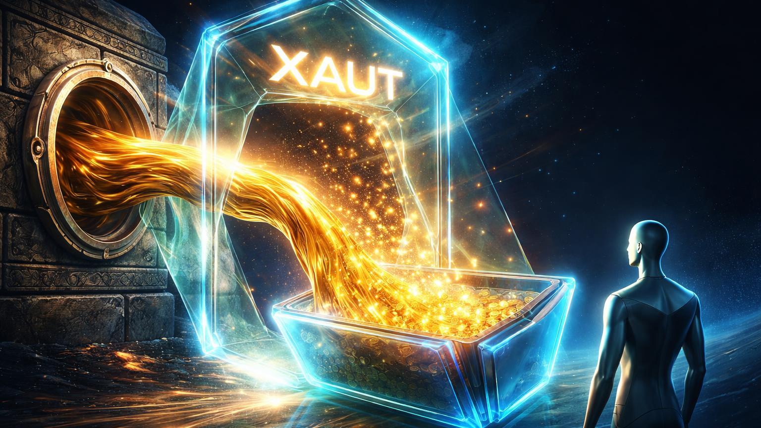 Fluxo de ouro líquido através de portal glassmorphic com XAUT para carteira digital, simbolizando dividendos tokenizados acessíveis sem bancos