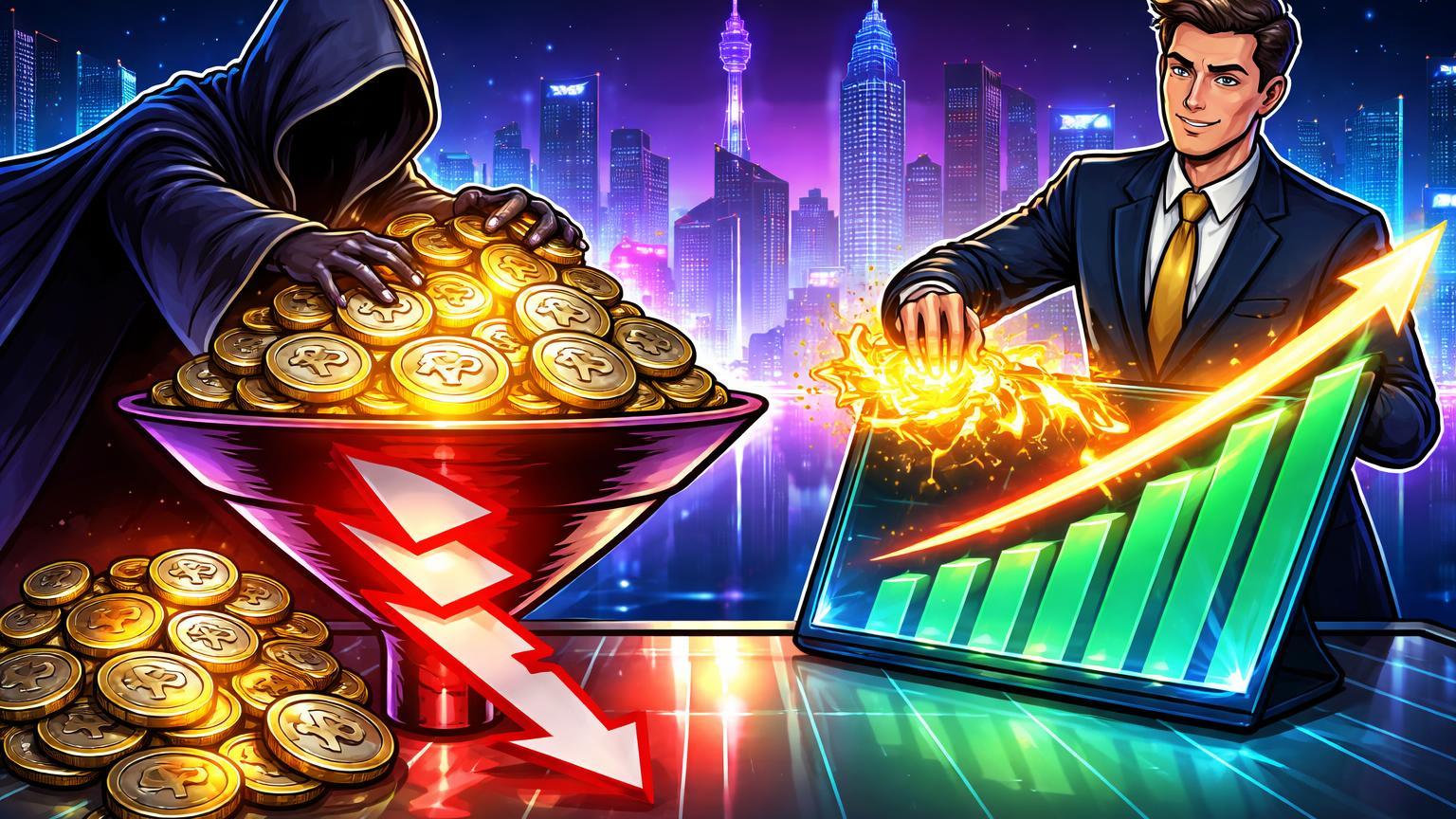 Trader misterioso cartoon despejando XRP em funil de vendas vs analista otimista Grayscale, simbolizando volumes intrigantes na Coreia