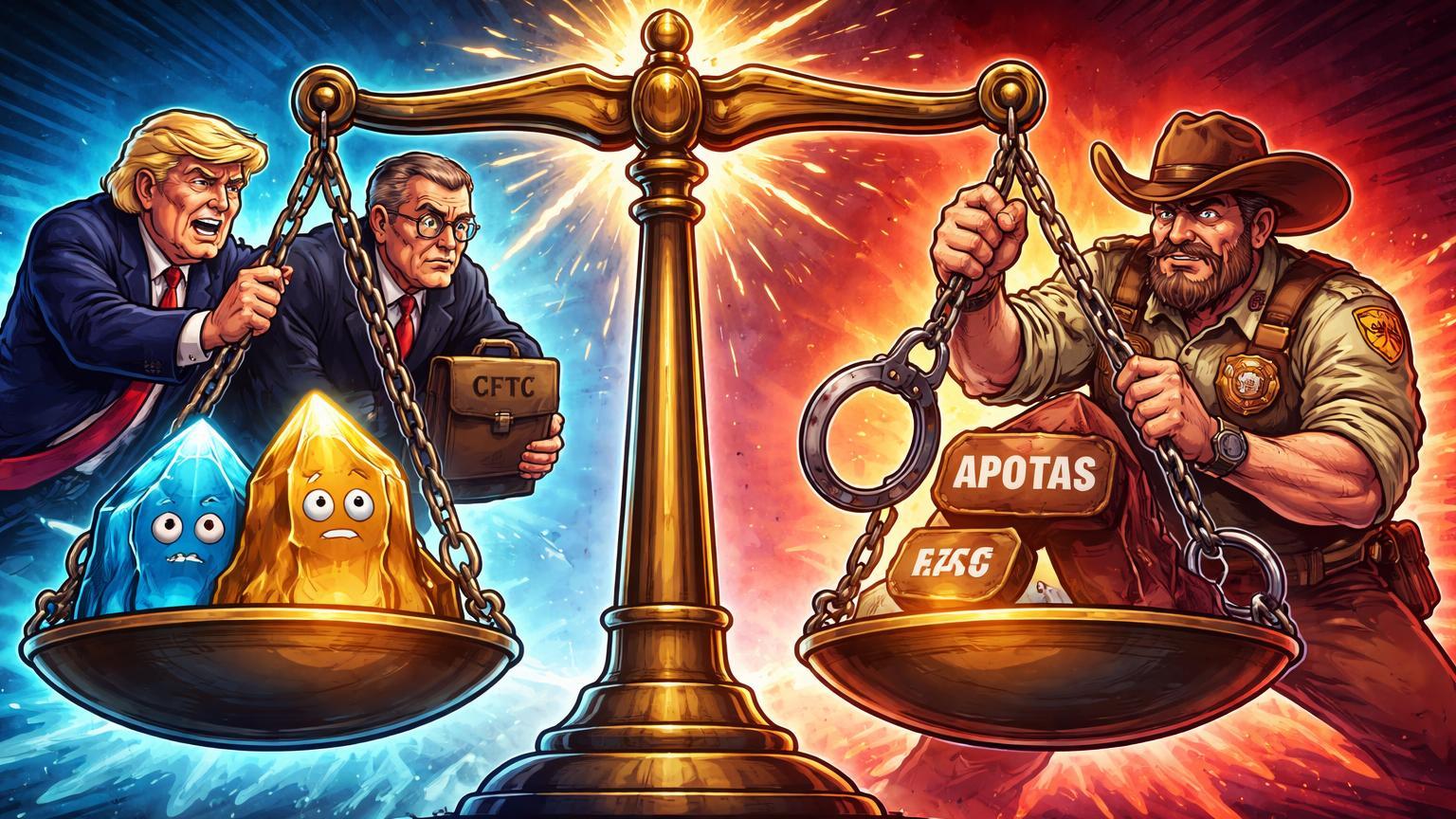 Personagens cartoon em balança judicial: Trump e CFTC defendendo cristais de prediction markets contra xerife Nevada, ilustrando conflito regulatório