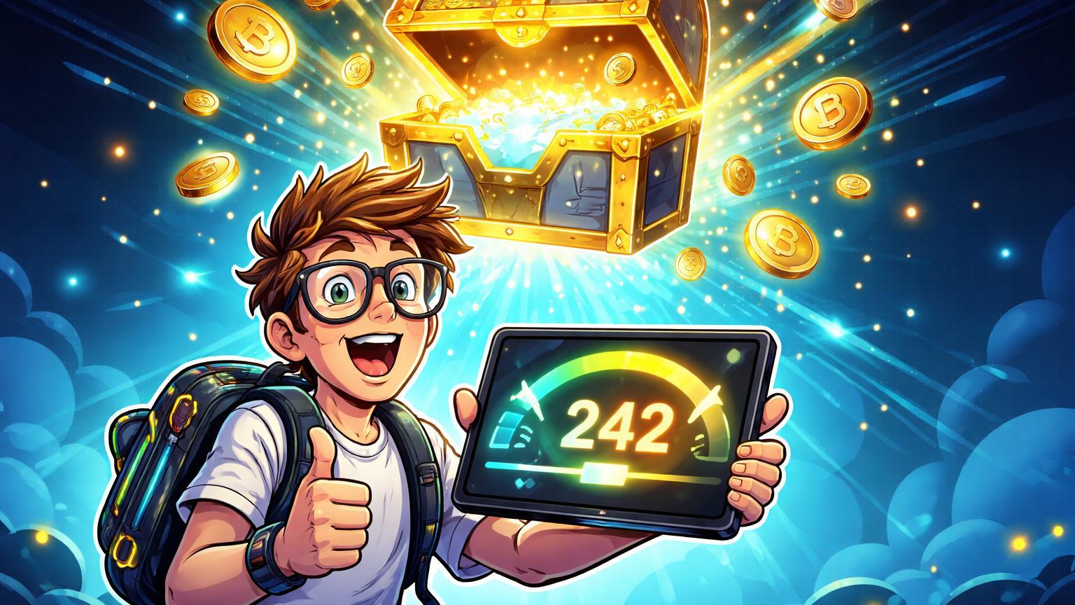 Personagem cartoon iniciante celebrando medidor de pontos Alpha atingindo 242 no tablet, liberando airdrop de recompensas Binance