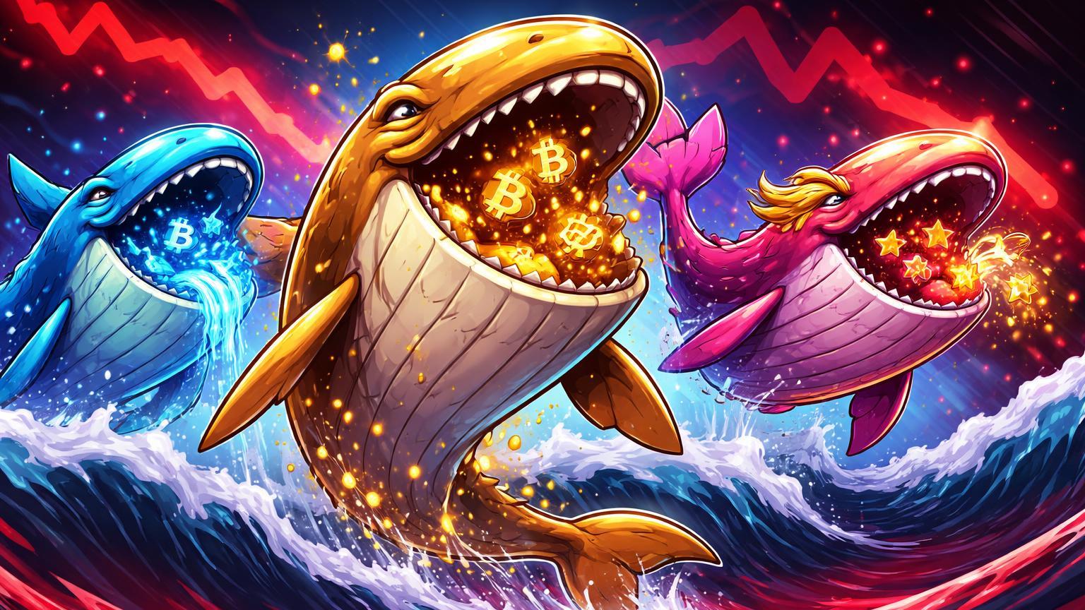 Baleias cartoon dourada, cyan e magenta acumulando BTC, ETH e TRUMP contra ondas vermelhas de queda, sinalizando apostas bullish de whales