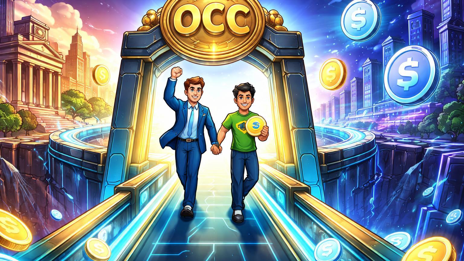 Personagens cartoon cruzando ponte luminosa de stablecoins com selo OCC, simbolizando aprovação bancária da Stripe para pagamentos globais