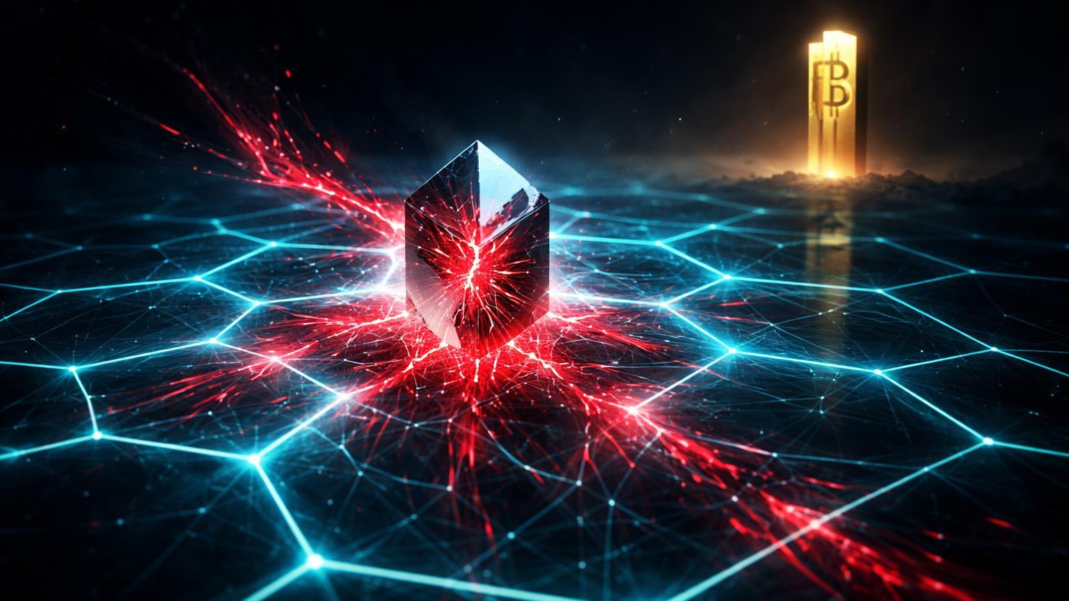 Rede DeFi hexagonal com oráculo central rachado emitindo pulsos vermelhos, contrastando com pilar Bitcoin sólido, alertando riscos no Moonwell