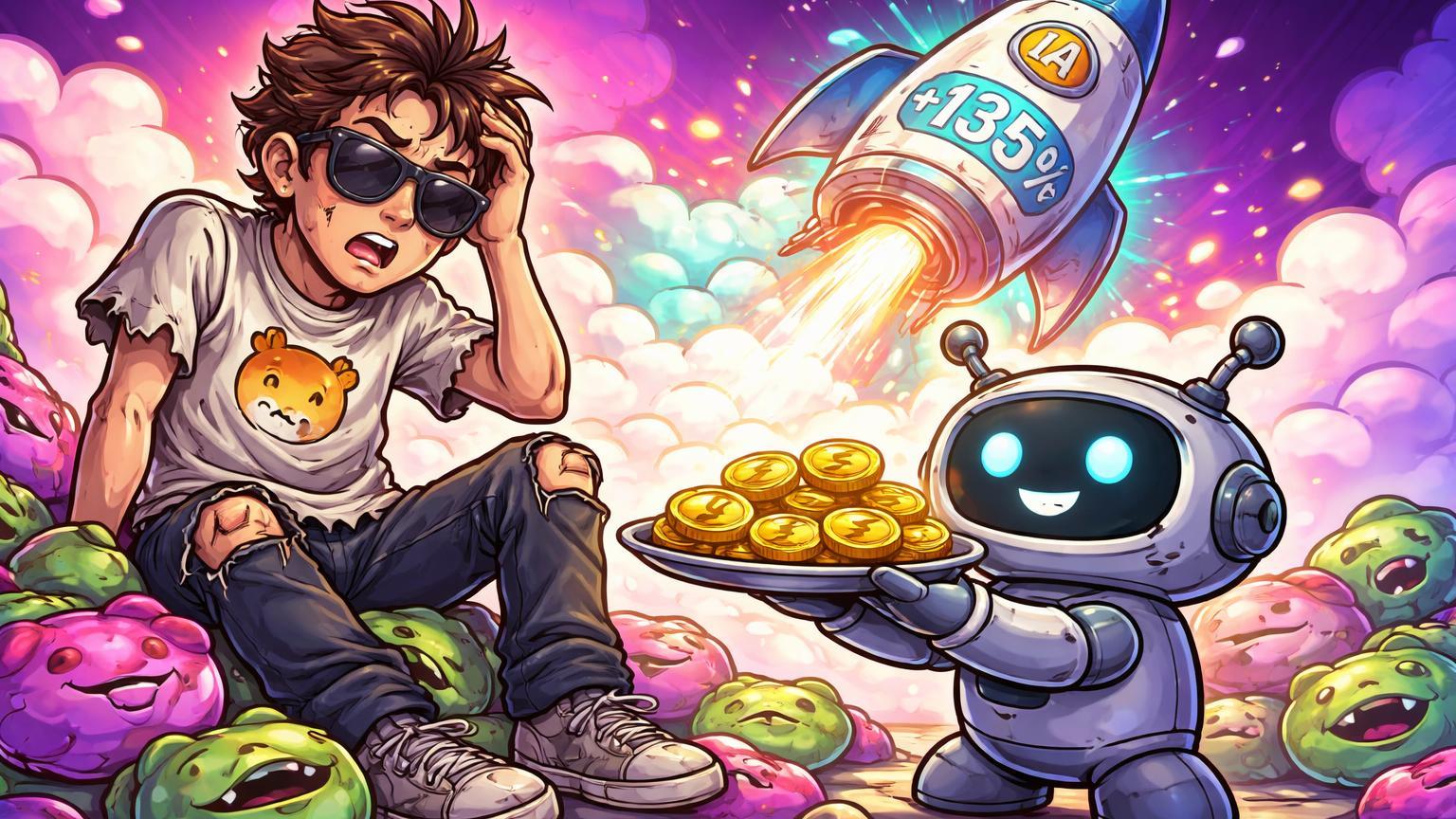 Degen cartoon recebendo cashback de robô Pump.fun sobre memecoins murchas, com foguete IA Venice decolando +135%, capturando insanidade memecoin