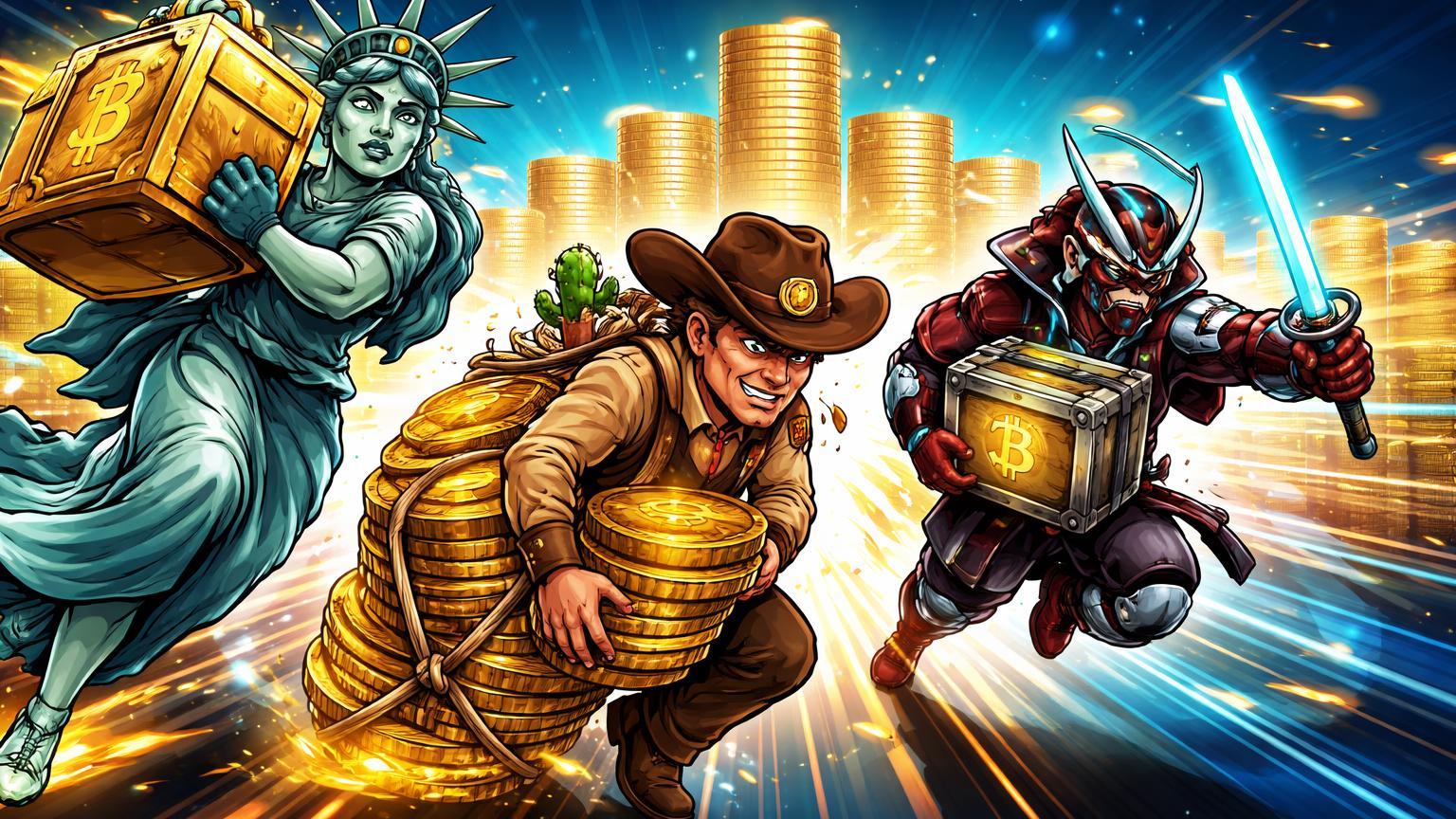 Personagens cartoon de EUA, Arizona e Japão em corrida por pilhas de Bitcoin dourado, simbolizando corrida global de estados por reservas estratégicas