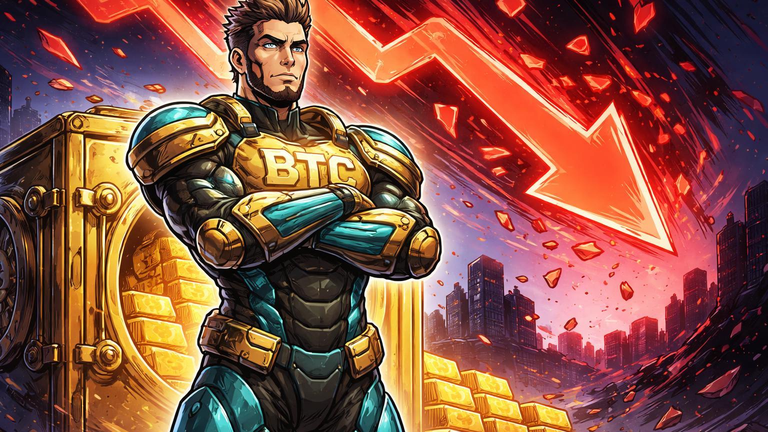 Personagem cartoon blindado com BTC gravado resistindo onda vermelha de queda, protegendo tesouraria dourada da Strategy