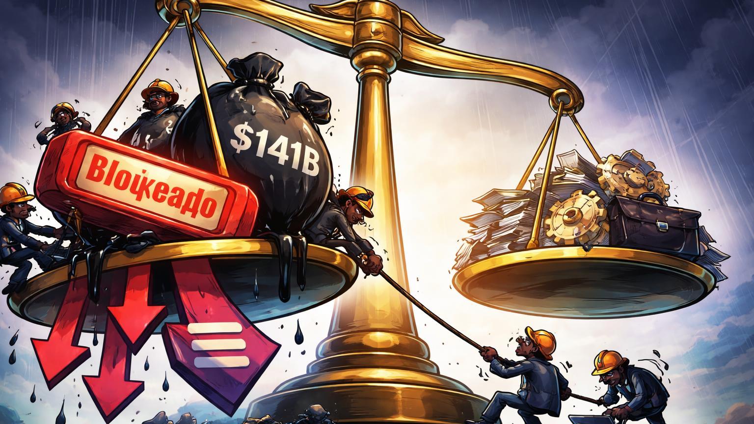 Balança desequilibrada com traders cartoon no lado cripto afundando sob pesos regulatórios, ilícitos em stablecoins e saídas Solana