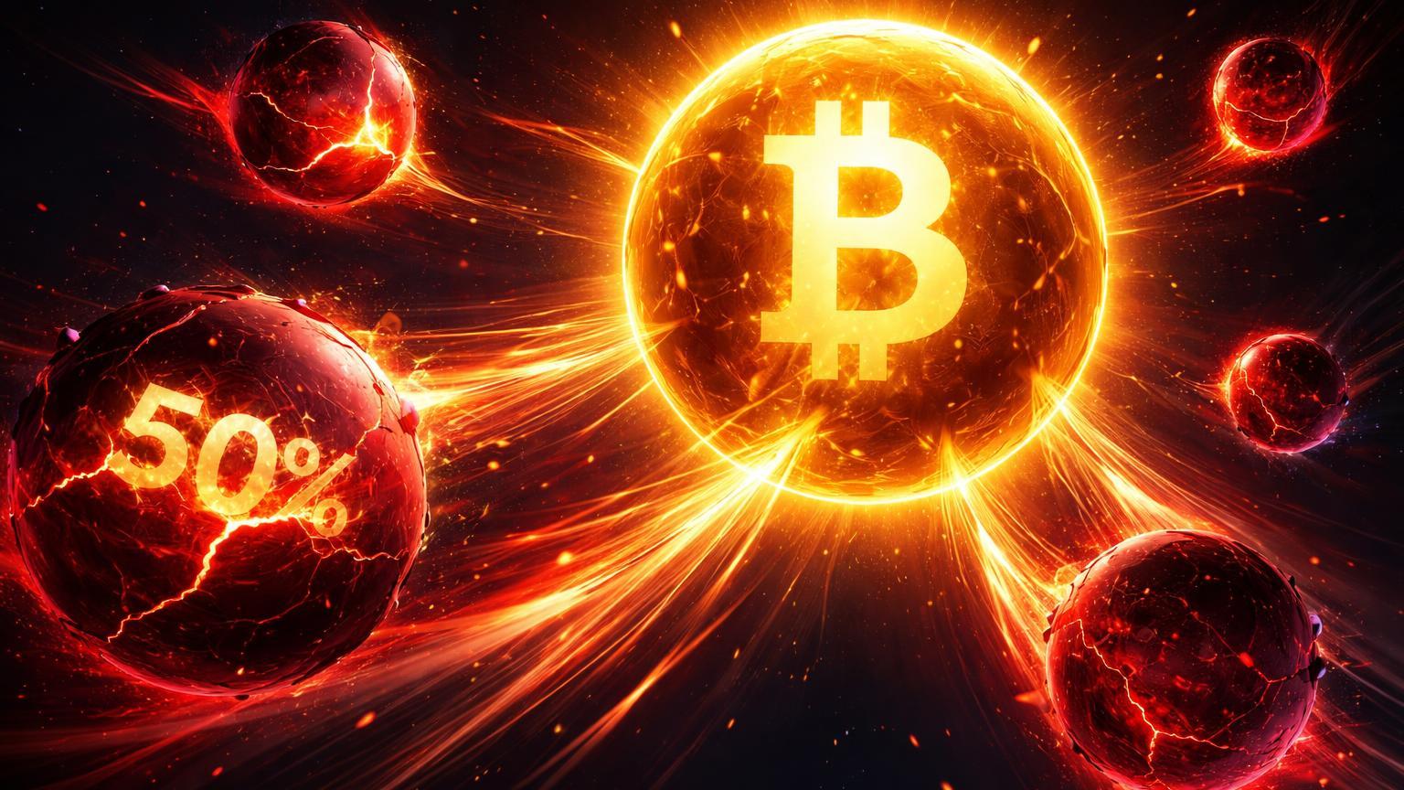 Esferas neon vermelhas se fragmentando com fluxos de energia convergindo para núcleo dourado BTC, simbolizando queda de 50% nos volumes de altcoins