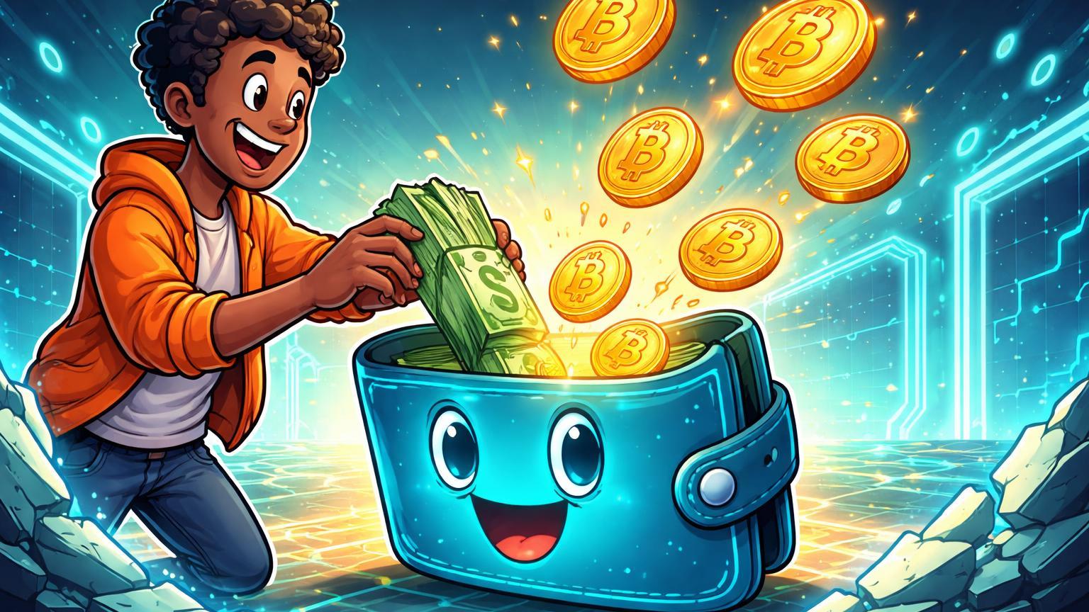 Personagem cartoon depositando notas em wallet digital que emite moedas Bitcoin, simbolizando compra fácil sem bancos e inclusão financeira