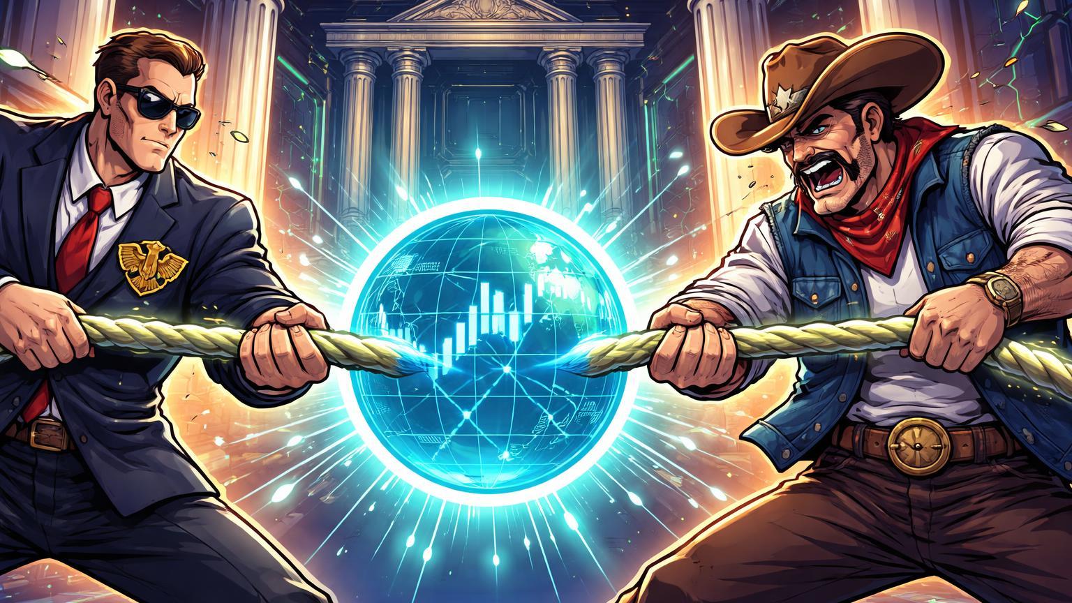 Personagens cartoon CFTC federal e Nevada estadual em cabo-de-guerra por orbe digital de prediction markets, simbolizando disputa regulatória nos EUA