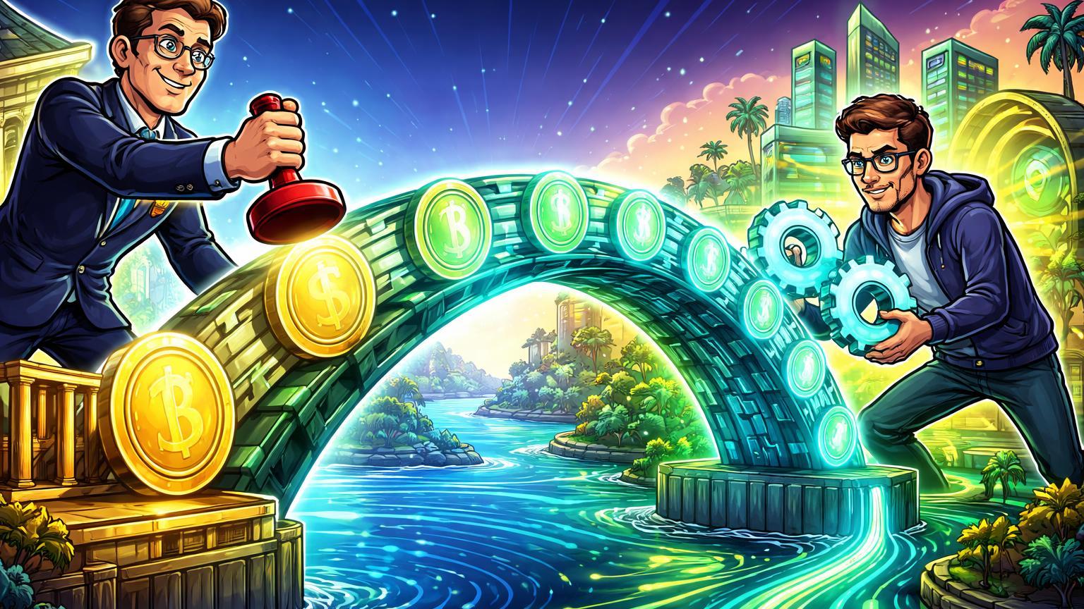 Personagens cartoon regulador e executivo construindo ponte cyan de stablecoins entre margens EUA-Brasil, celebrando aprovação da Stripe