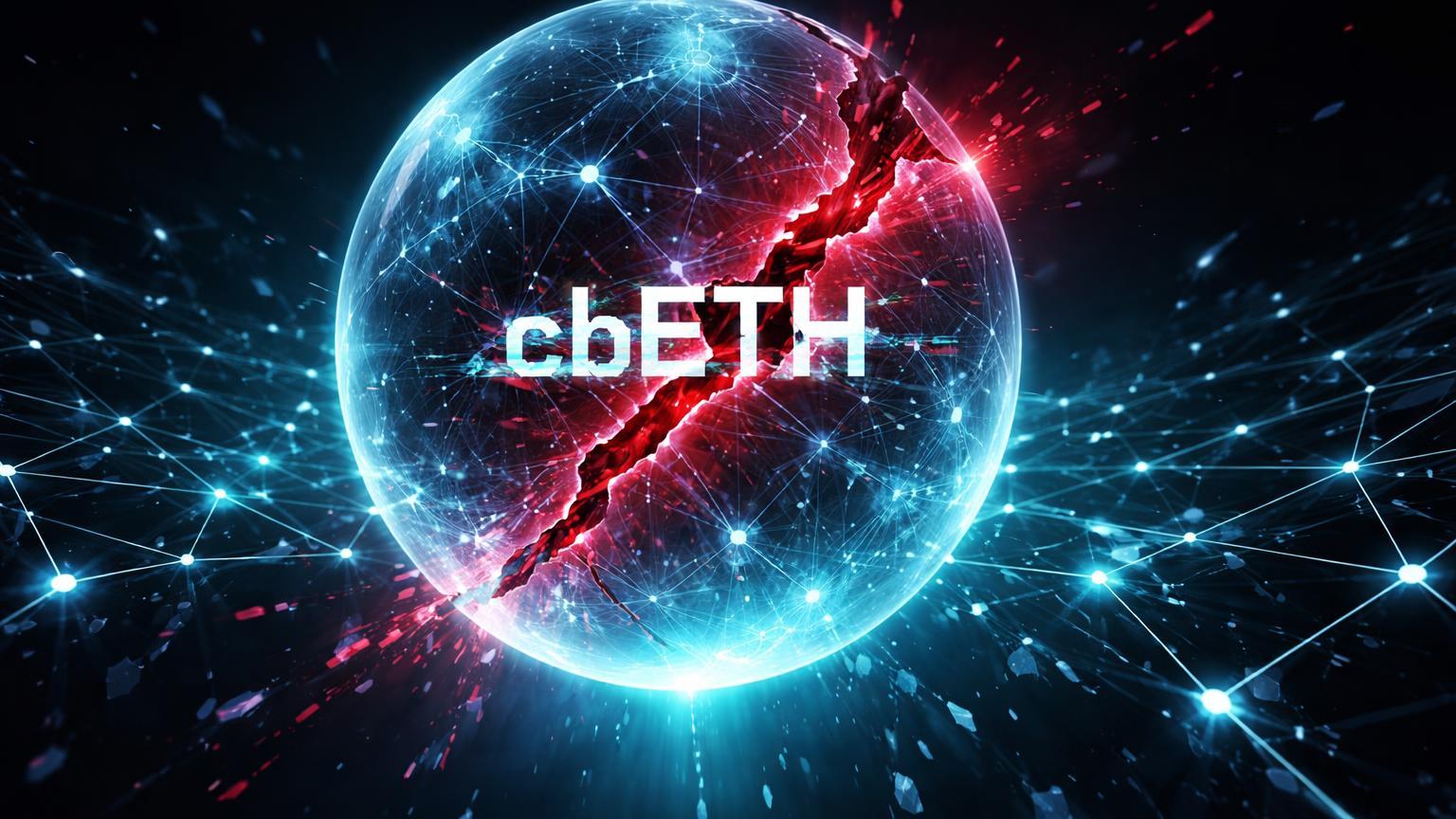 Orbe oráculo DeFi glitchado com cbETH distorcido emergindo de rachadura vermelha, rede hexagonal fragmentando em liquidações massivas