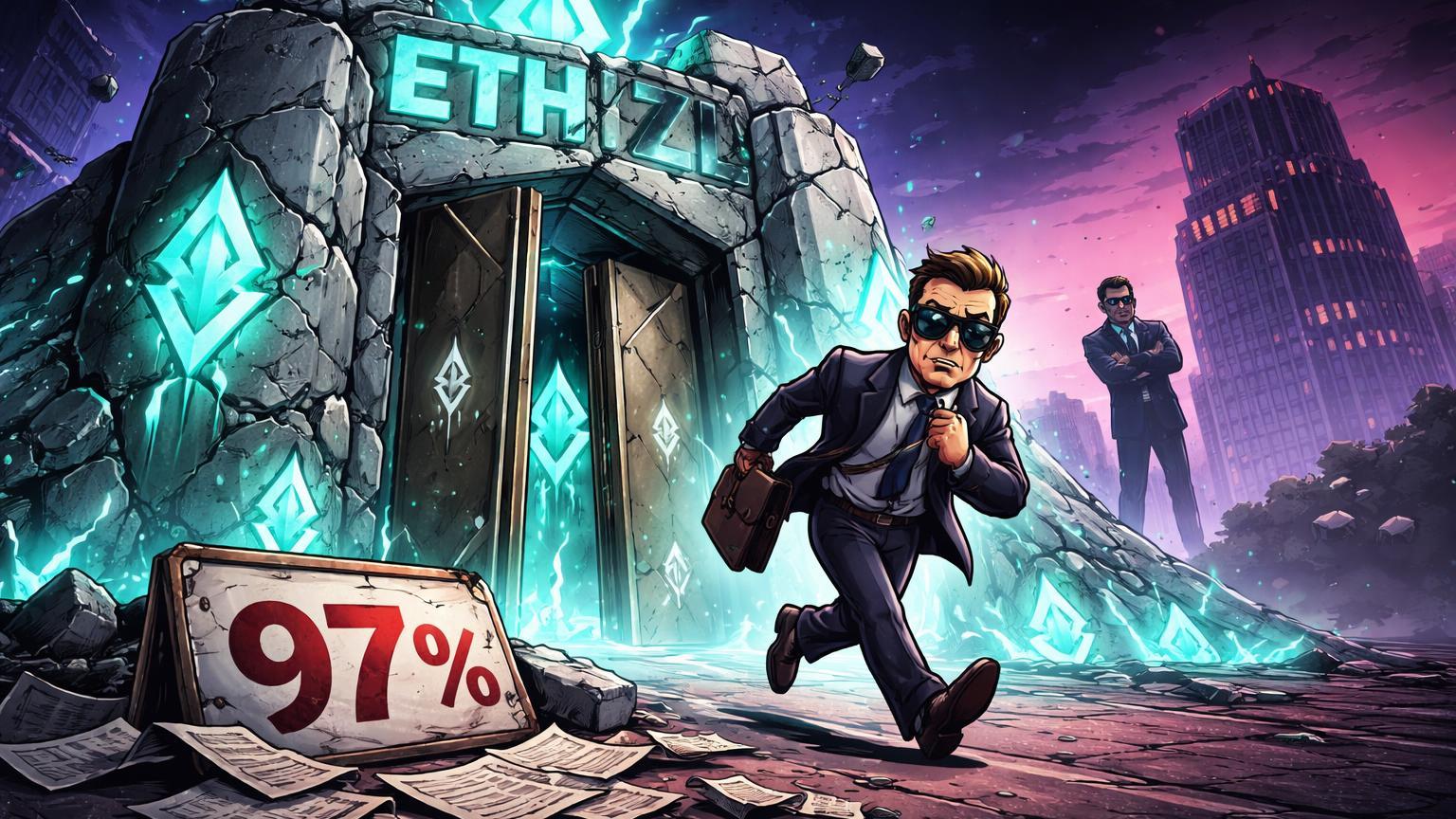 Investidor VC cartoon saindo de fortaleza ETHZilla rachada com ETH vazando e placa 97% caída, simbolizando abandono e colapso de tesouraria