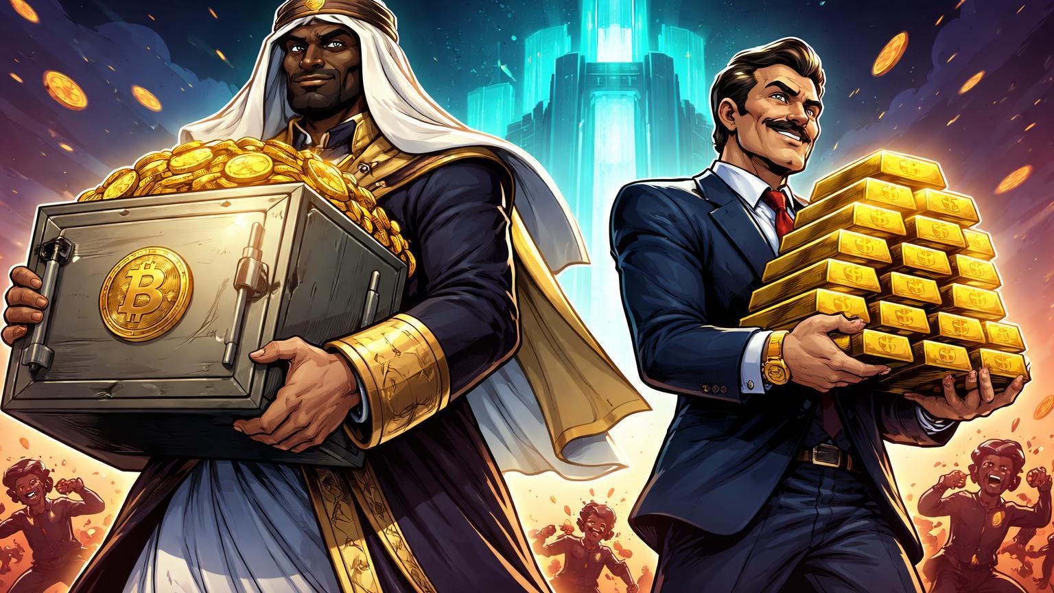 Personagens cartoon de sheik e banqueiro acumulando cofres de Bitcoin enquanto traders retail em pânico fogem, simbolizando mãos fortes institucionais