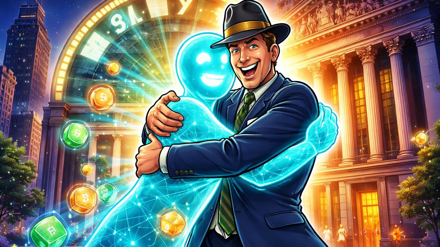 Executivo Wall Street cartoon abraçando entidade blockchain cyan, com portas NYSE abertas para tokens 24/7, simbolizando adoção massiva