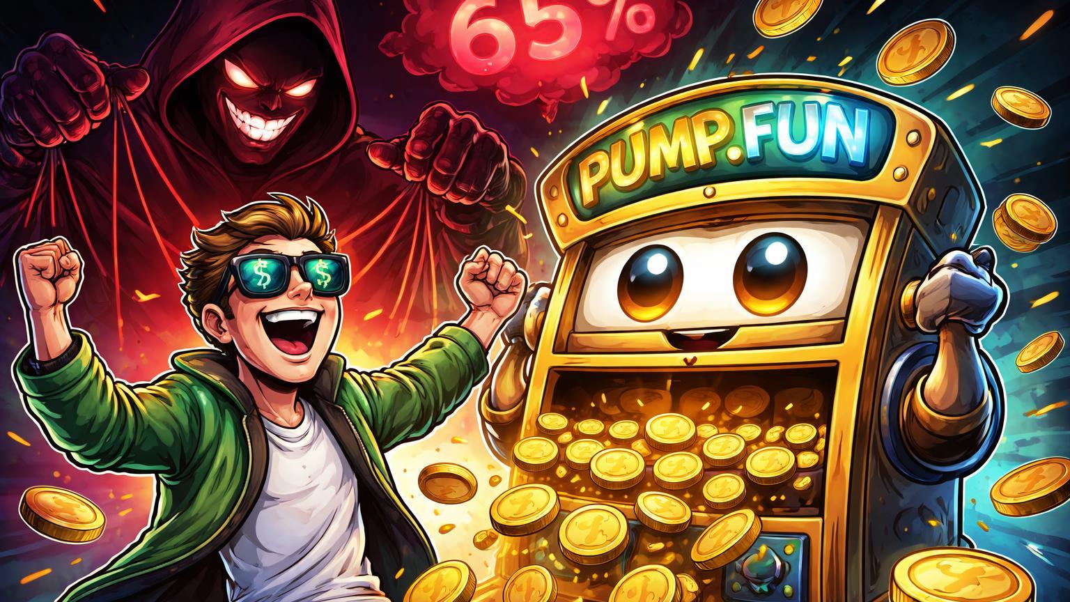 Trader cartoon eufórico recebendo cashback de máquina Pump.fun enquanto phisher sombrio puxa cordas com '65%', ironia das fraudes em memecoins Solana