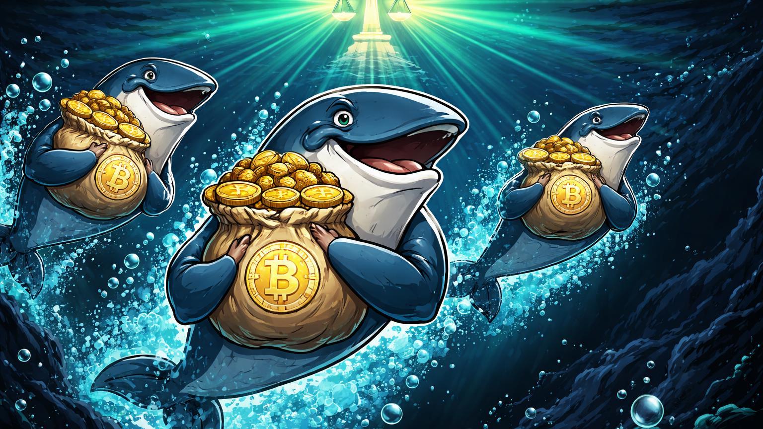 Baleias cartoon emergindo de abismo digital carregando sacos de BTC dourados sob farol regulatório cyan, sinalizando recuperação e acumulação no mercado cripto