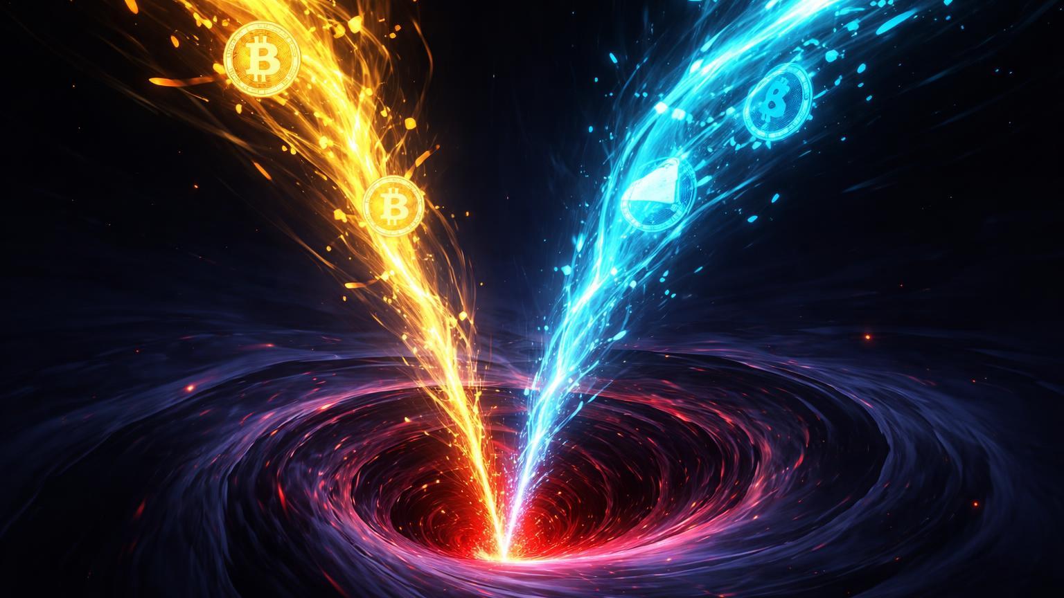 Correntes dourada e cyan espiralando em vórtice escuro com fragmentos WBTC e ETH, simbolizando baleias despejando US$ 80M em exchanges